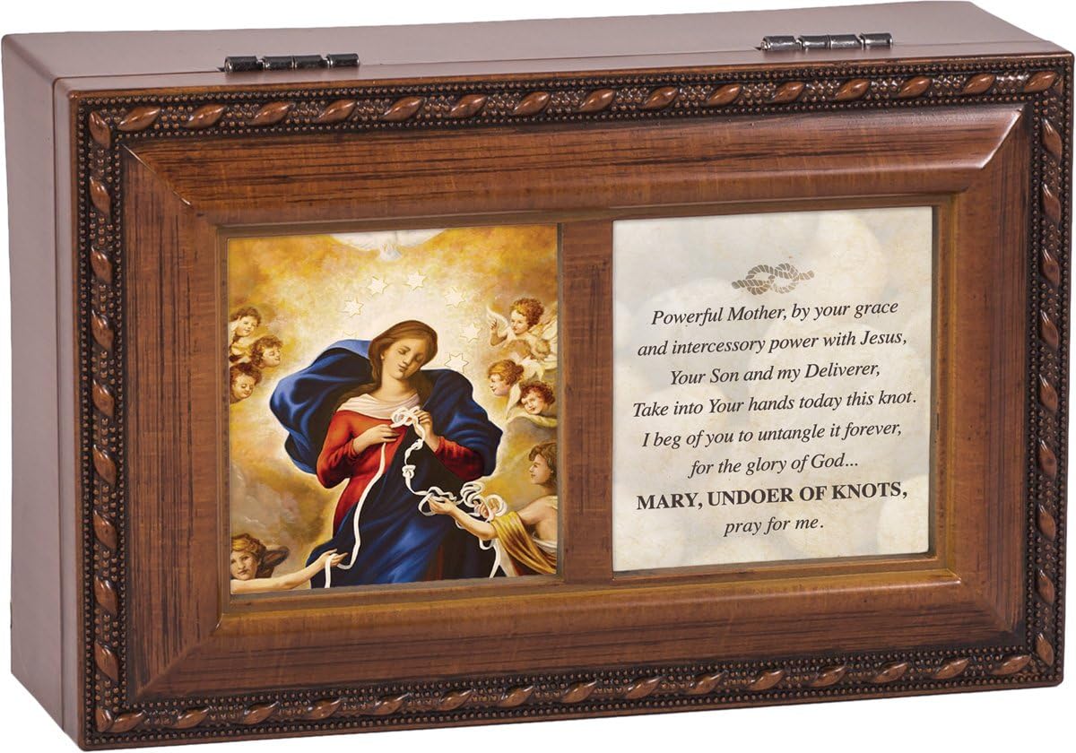 Cottage Garden Powerful Mother Mary Undoer Wood Finish Small Jewelry Music Box Plays Ave Maria