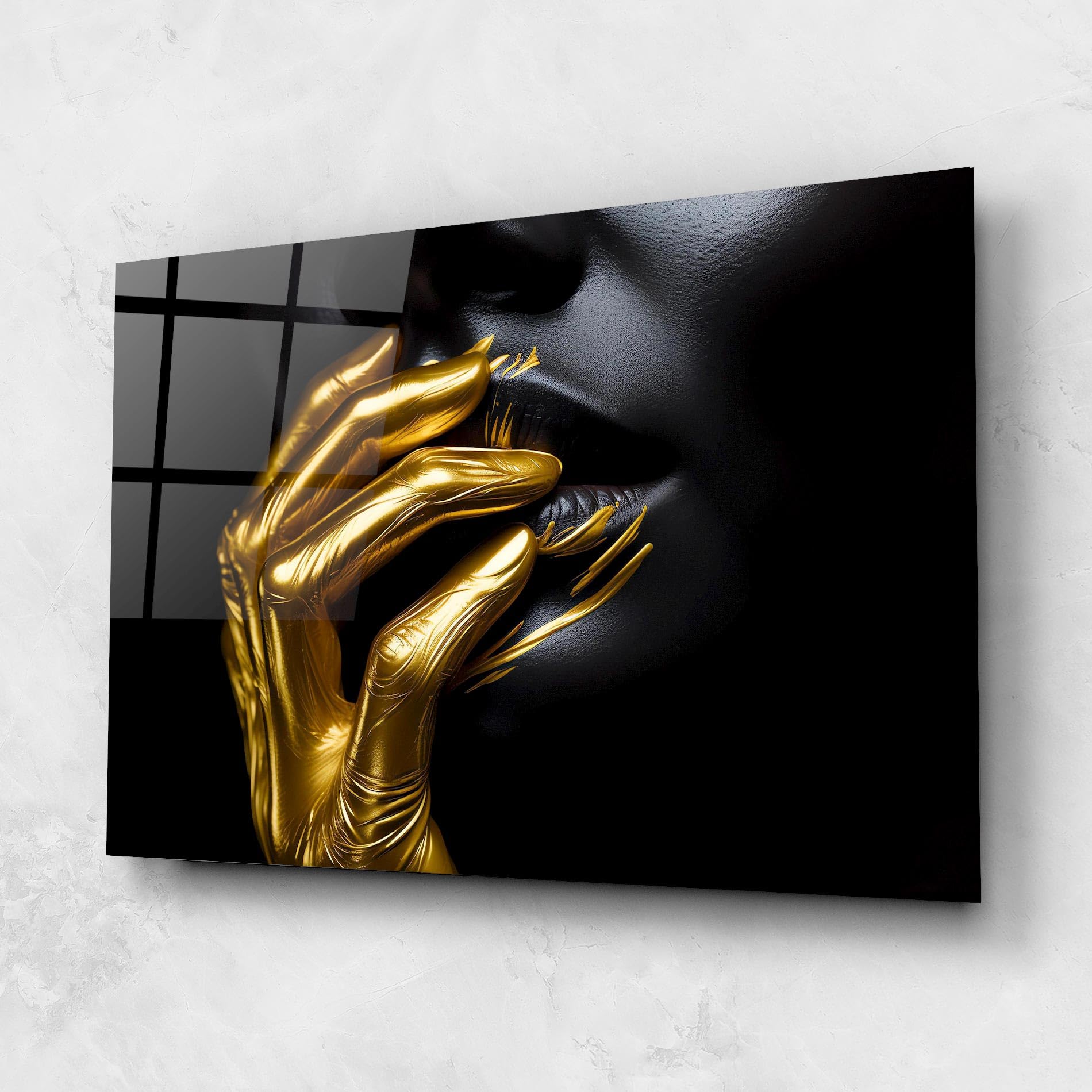 ARTHUB® Moderne impression sur verre 70x100 cm, 4mm verre trempé | Tableau en verre salon et chambre, Décoration murale moderne, Décoration intérieure, femmes, Gold Small Hand