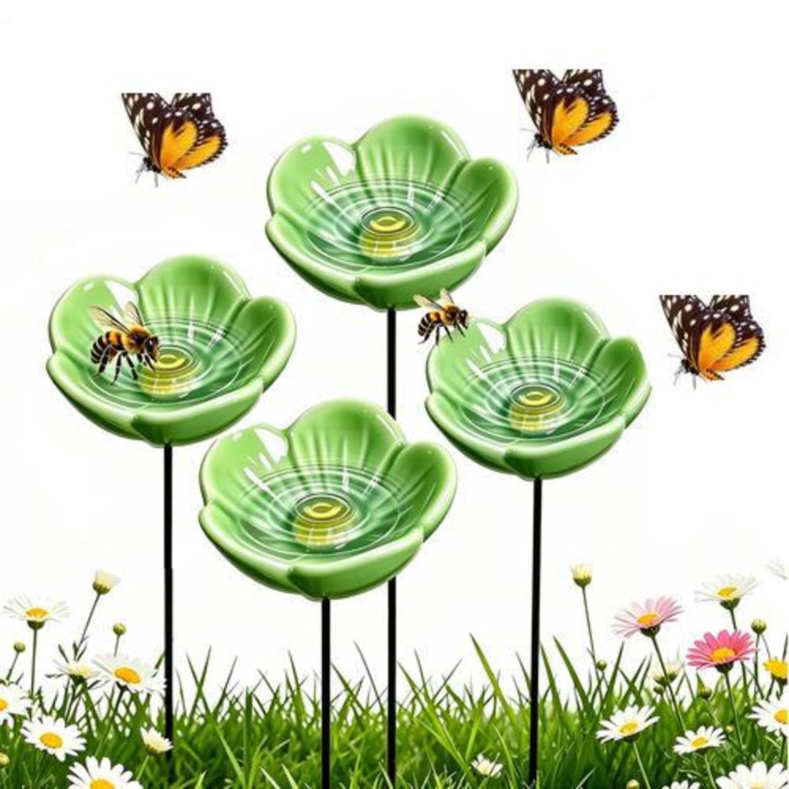 4 Pieces Flower Shaped Bee Watering Station, Ceramic Bee Watering Station, Weather Resistant Bird Waterer, Hummingbird Bath, For Garden Yard Backyard Outdoor Home Patio Porch Deck Balcony