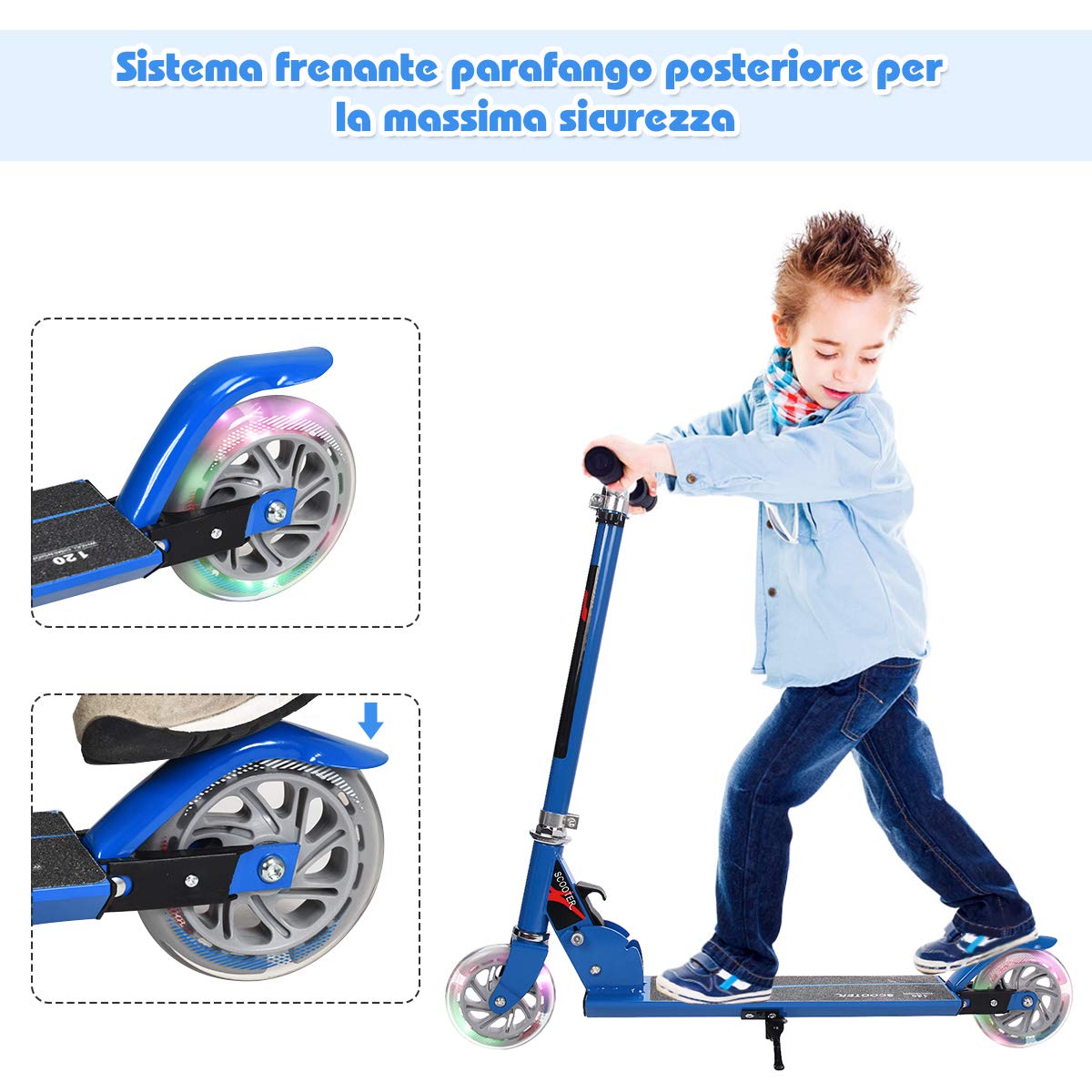 GOPLUS Monopattino Pieghevole, 3 Altezze Regolabili, per Bambini 4-13 Anni, 2 Ruote Luminose, Freno a Pedale, in Alluminio, Portata 70 kg, 31x70x63-87cm, Blu