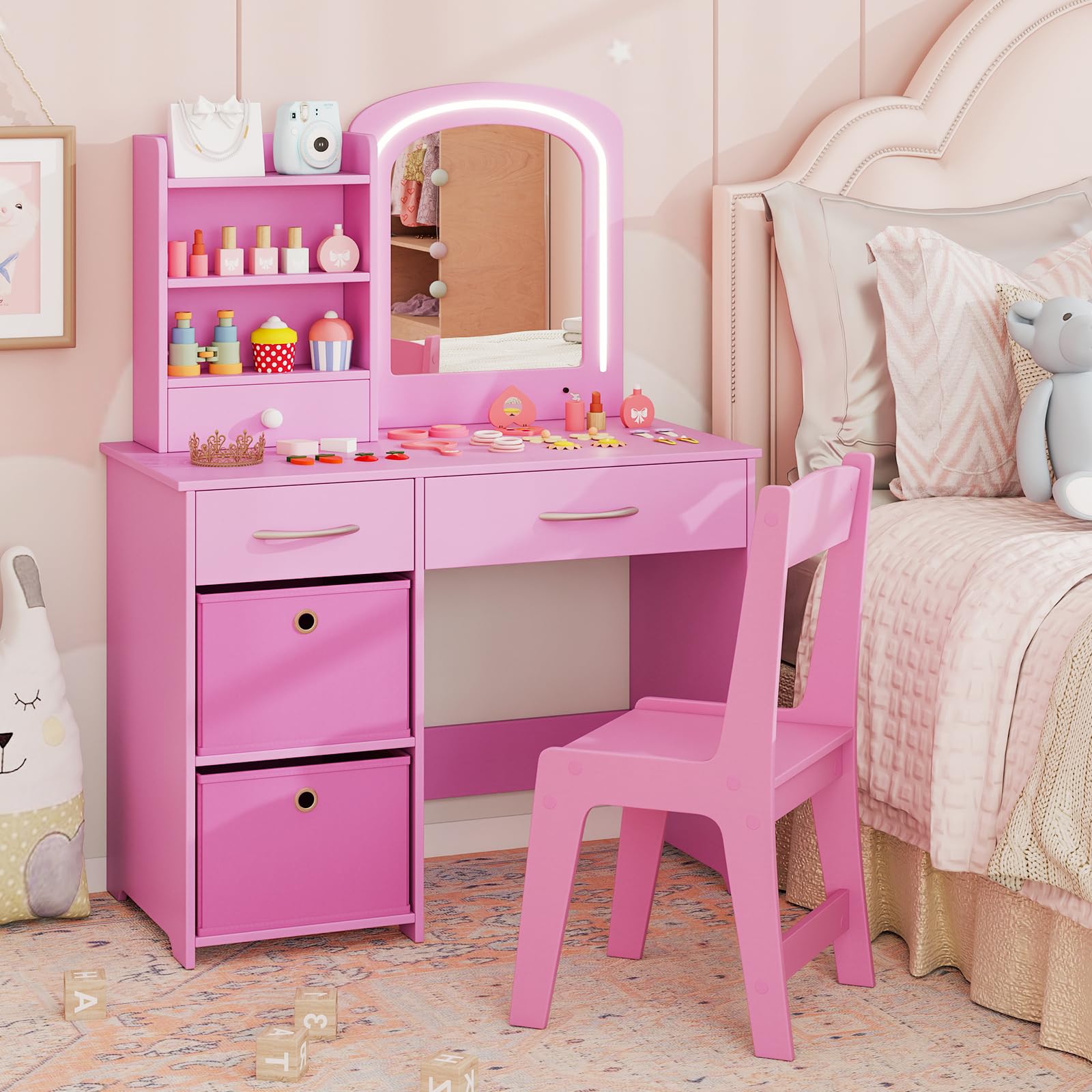 DREAMADE Schminktisch Kinder, Schminktisch Mädchen mit Stuhl & Buntem LED-Spiegel, Frisiertisch aus Holz, Kinderschminktisch mit offenen Regalen & Schubladen für Kinder ab 3 Jahren (Mit Boxen,Rosa)