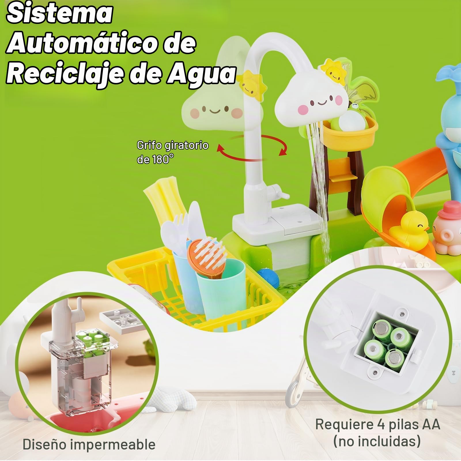 Juguetes de Cocina,Fregadero Juguete con Agua,Cozinha Criança,Juguetes de Pesca Flotantes,Circulación Automática del Agua, Accesorios de Cocina Juguetes, Regalo para niños 3+ (Verde)