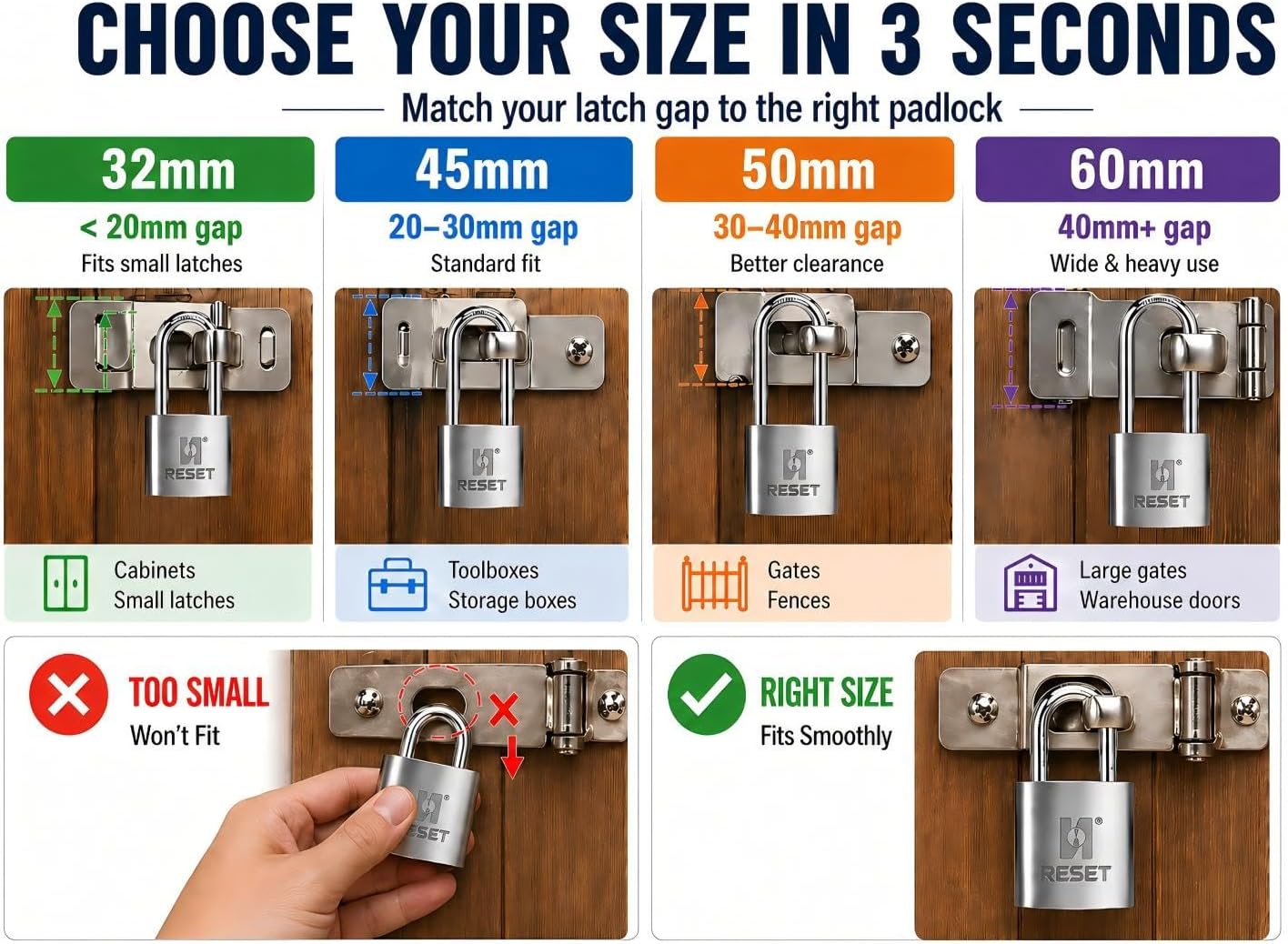 RESET-909 50mm Heavy Duty Stainless Steel Padlock, 2.0 Inch Wide Weatherproof Outdoor Keyed Lock for Gate, Fence, Shed and Storage, Keyed Different, Standard Shackle, 1 Pack