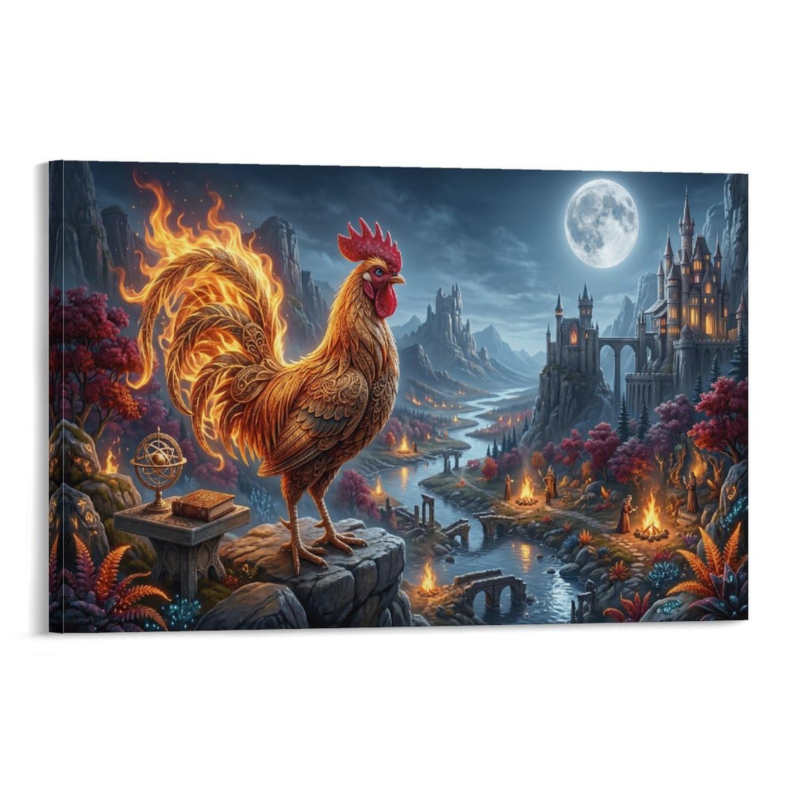 XPASHIQWC Flame Rooster Wall Decor Poster Moonlit Castle Canvas Prints Picture Modern Wall Art Picture Wall Hanging for Office Gym Living Room Decor 24x36inch(60x90cm)