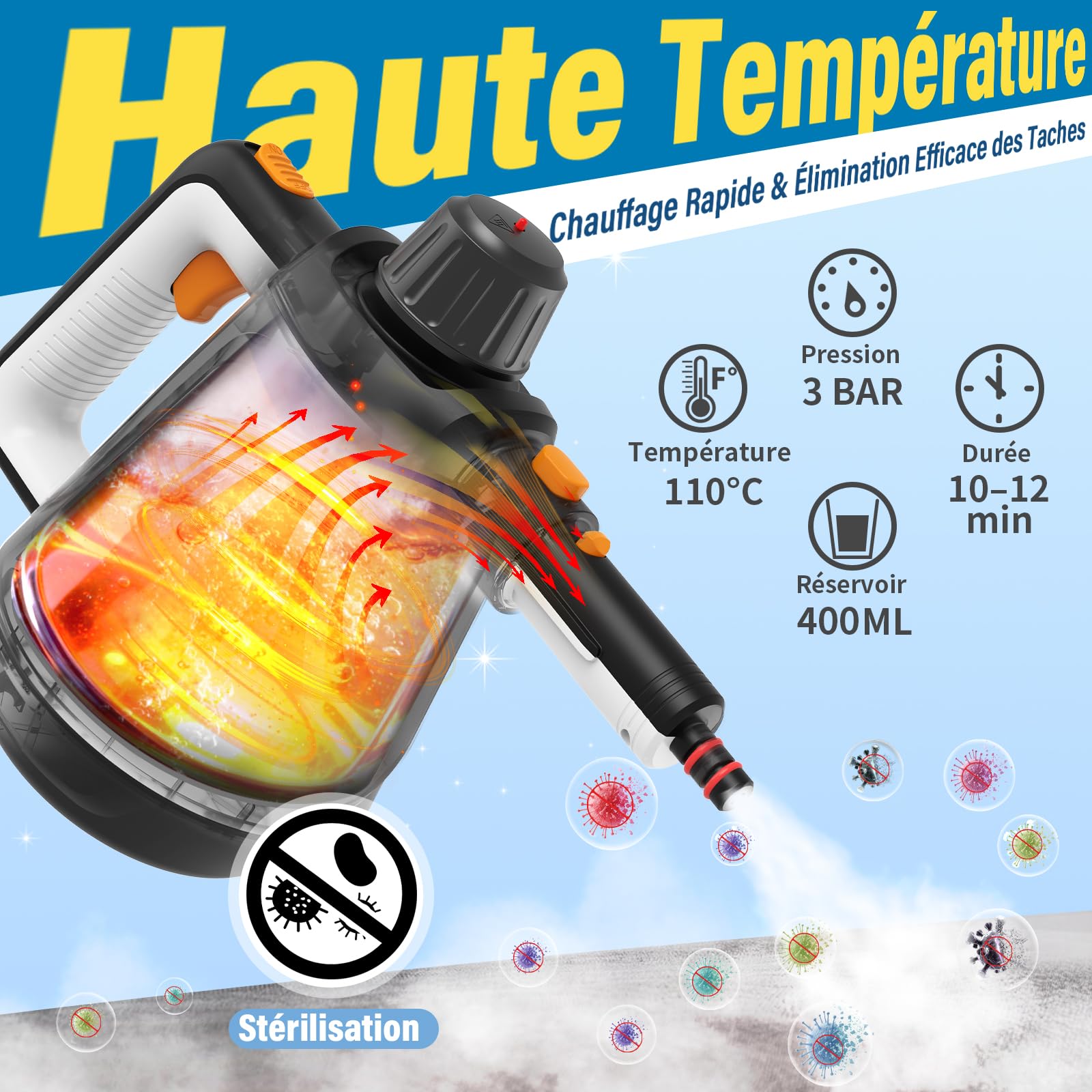 Nettoyeur Vapeur Portable, 110℃ Nettoyeur Vapeur à Main pour un Nettoyage Efficace, Polyvalent Vaporetto avec 10 Accessoires et Câble 5m pour Canapés, Tapis, Joints, Nettoyage sans chimie (Blanc)