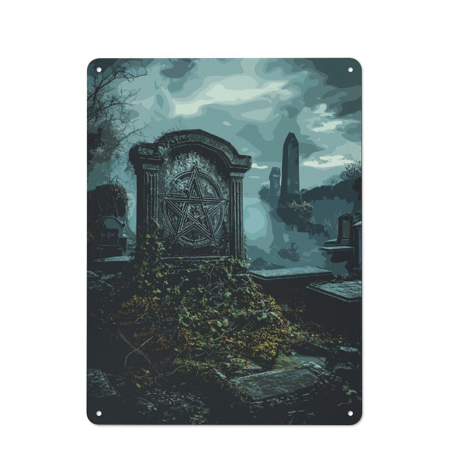 Tin Wall Plaque 40x30cm with Graveyard with Pentagram for Hallway Wall, Suited to Wall Displays in Hallways And Entrance Areas