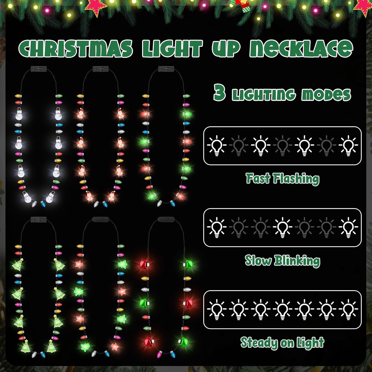 6 PCS Christmas Light Necklace, 6 Styles Colorful LED Christmas Lights, 8 Bulbs Light Up Christmas Necklace with 3 Flash Modes, Ugly Sweater Lights for Xmas New Year Party Favor Supplies Accessories - Image 2