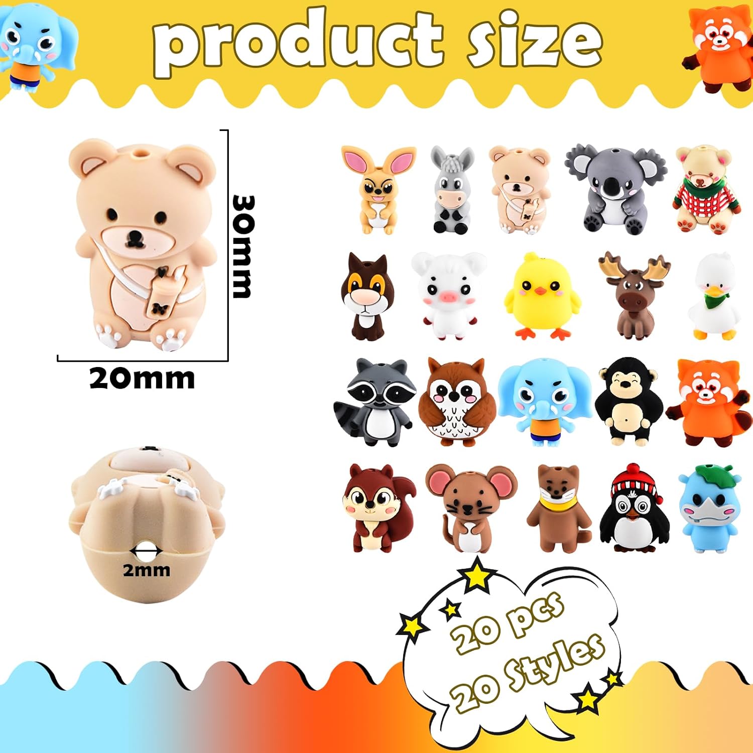 20 PCS 3D Animal Silicone Focal Beads for Keychain Making, Silicone Beads for Pen, Loose Bead Bulks for Bracelet Necklace Lanyard Jewelry and Handmade Crafts Making - Image 2