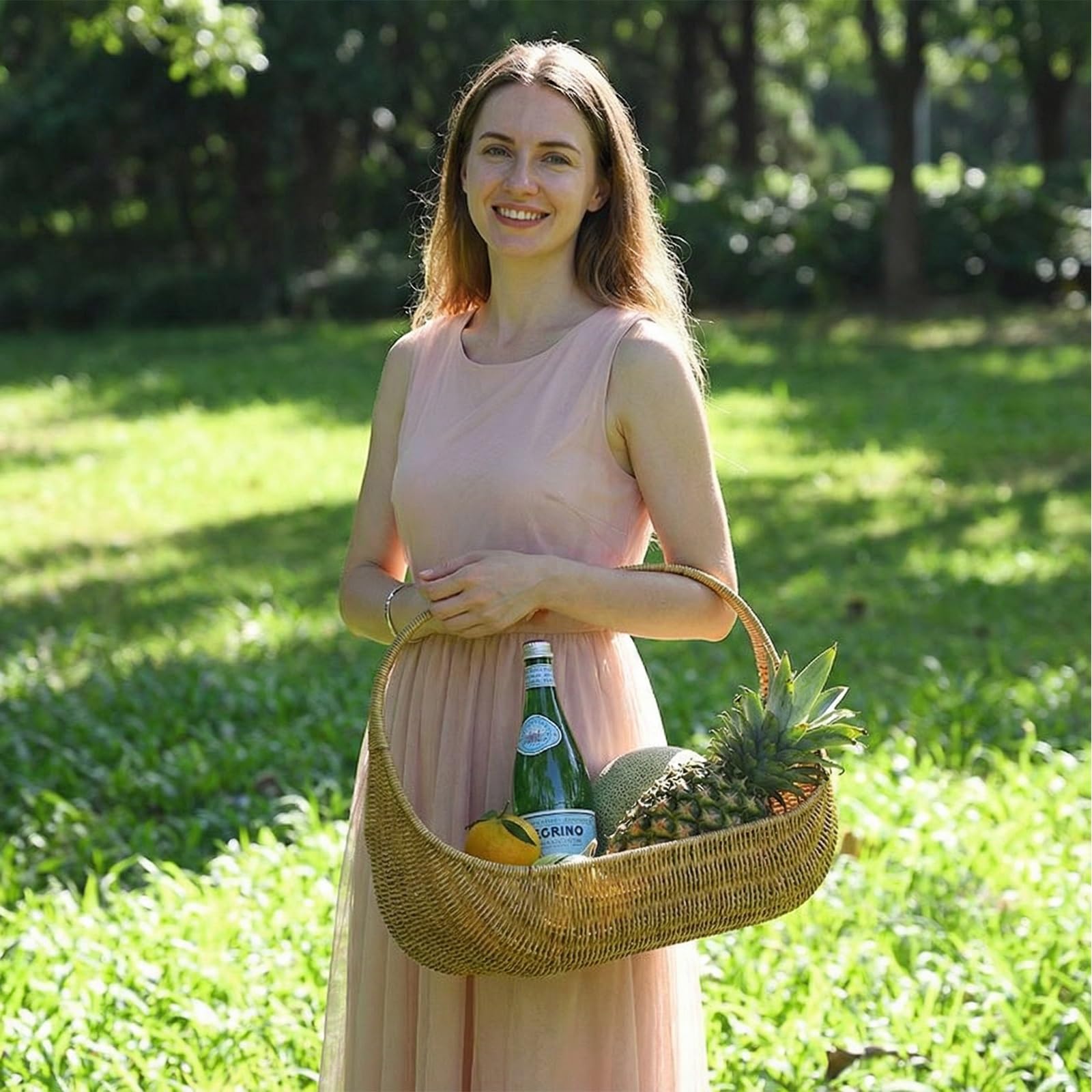 Geflochtener Picknickkorb, großer Korb aus PP-Geflecht, Erntekorb für den Außenbereich mit verstärktem Griff, zum Sammeln von Obst, Gemüse und anderen Gegenständen(XL 43.5x29x35.5cm)