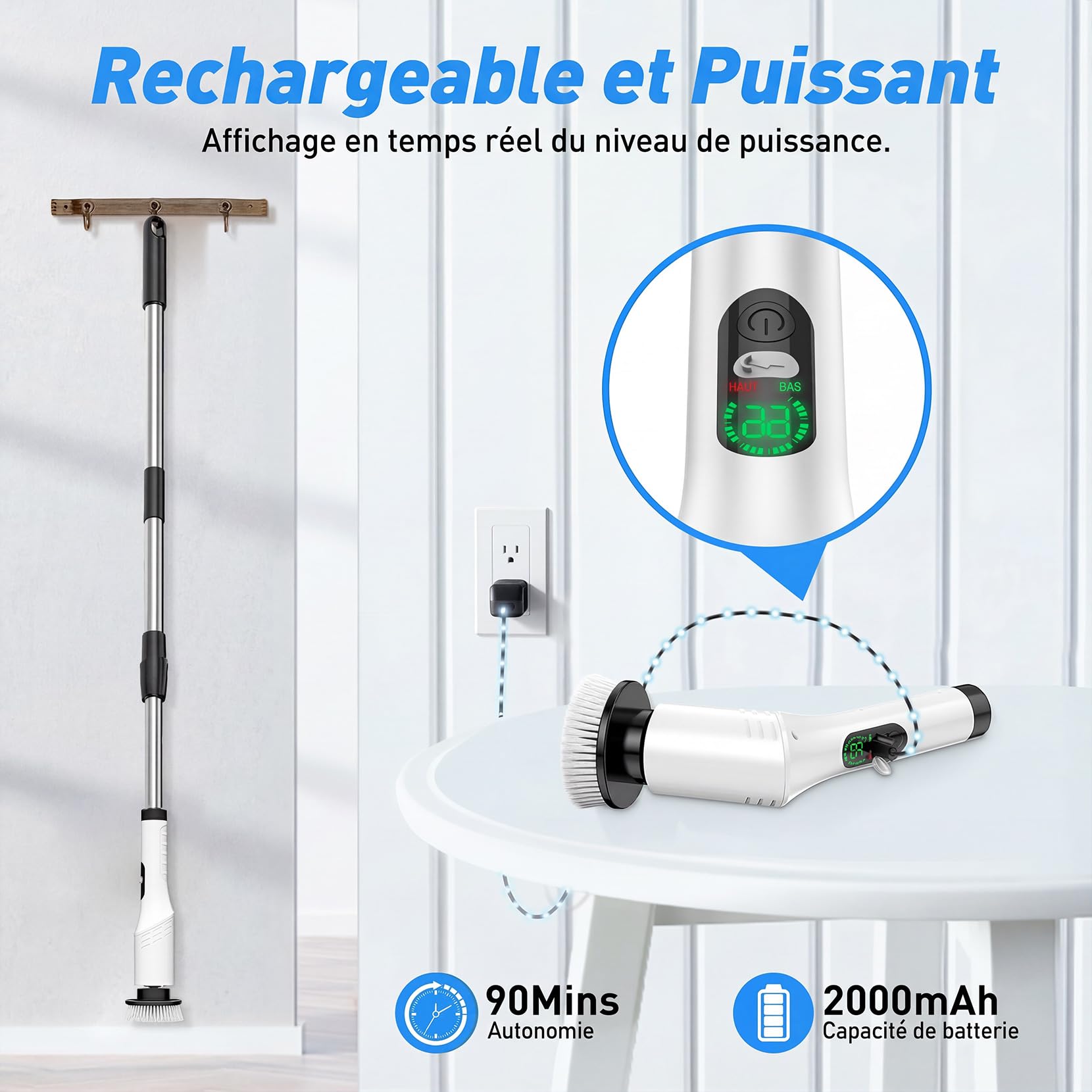 Brosse Nettoyage Electrique avec 9 têtes, Brosse Electrique Nettoyage étanche IPX6, 2 Vitesses Télescopique Brosse Rotative pour Salle de Bain, Cuisine, Sol, Voiture