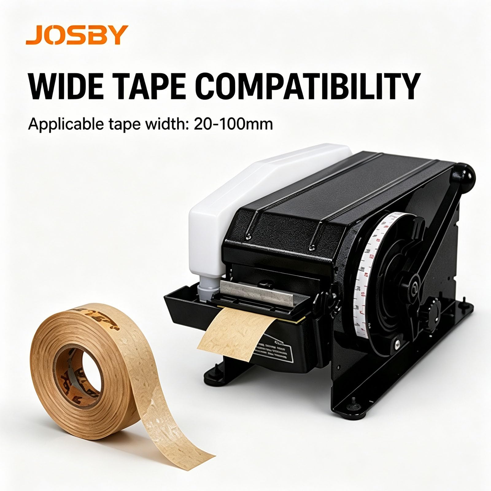JOSBY Macchina Manuale per Nastro Adesivo in Carta Kraft Umida, Lunghezza Regolabile da 100 A 1000 Mm, Larghezza da 20 A 100 Mm, Corpo Interamente in Metallo Rinforzato, Ideale per Imballaggio