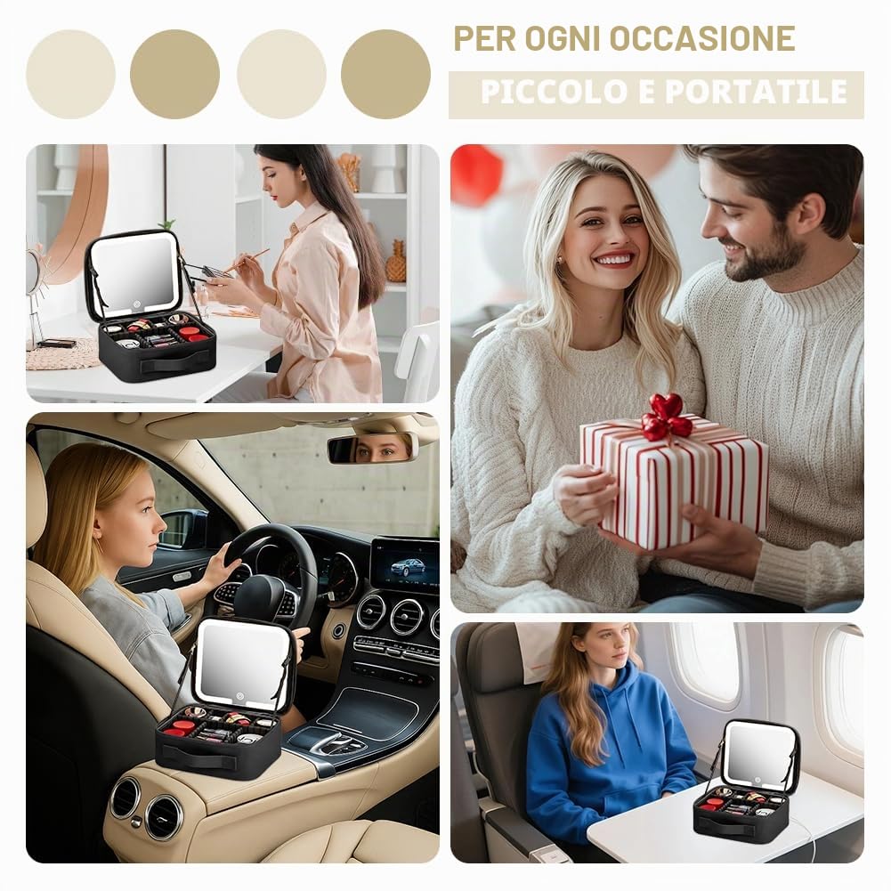 Trousse per cosmetici con specchio e luce, da viaggio con specchio illuminato, 3 colori LED, per trucco, da viaggio, con scomparti, Nero , Beauty case