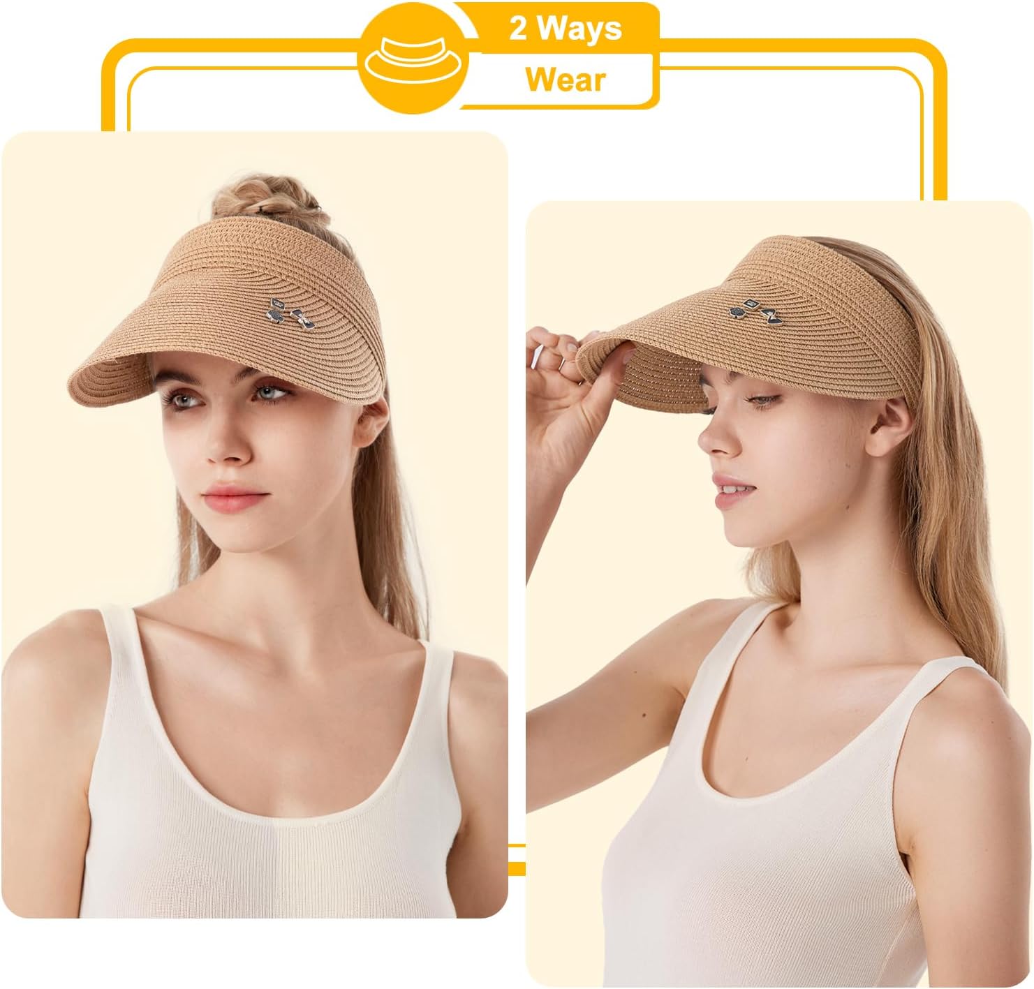 ELLEWIN Women's Wide Brim Sun Visor Hat - Roll Up Straw Ponytail Packable Beach Visor - Image 6