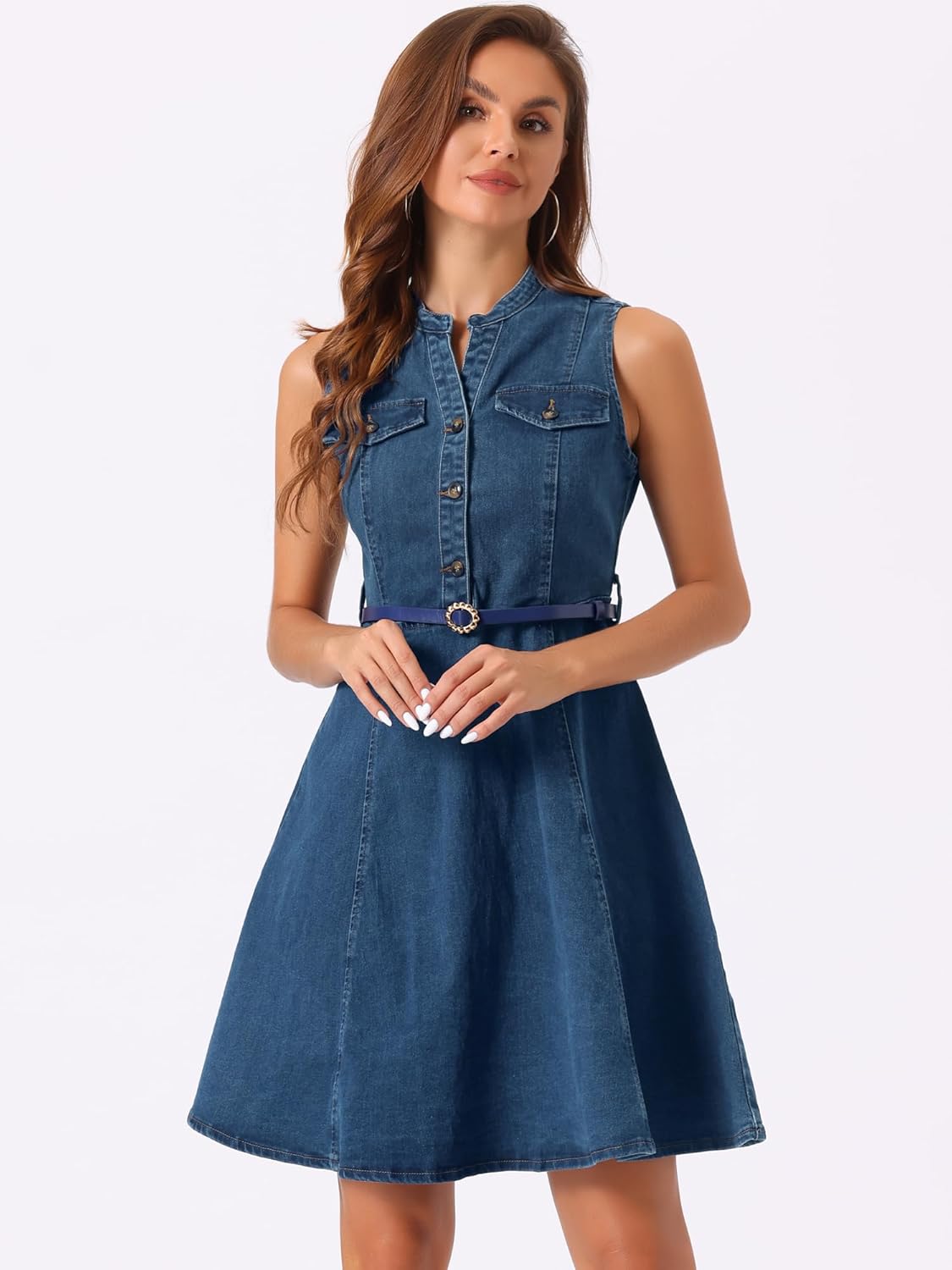 Allegra K Denim Dress for Women's Casual Belted Jean Sleeveless Shirt Dresses - Image 3