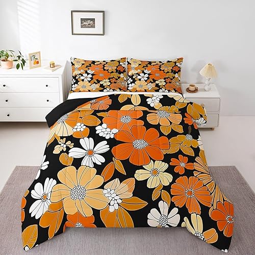 Miniatura 9 de Juego de edredón de flores Groovy de los años 70, tamaño individual, juego de edredón floral de arco iris bohemio para niños, niñas, adolescentes,