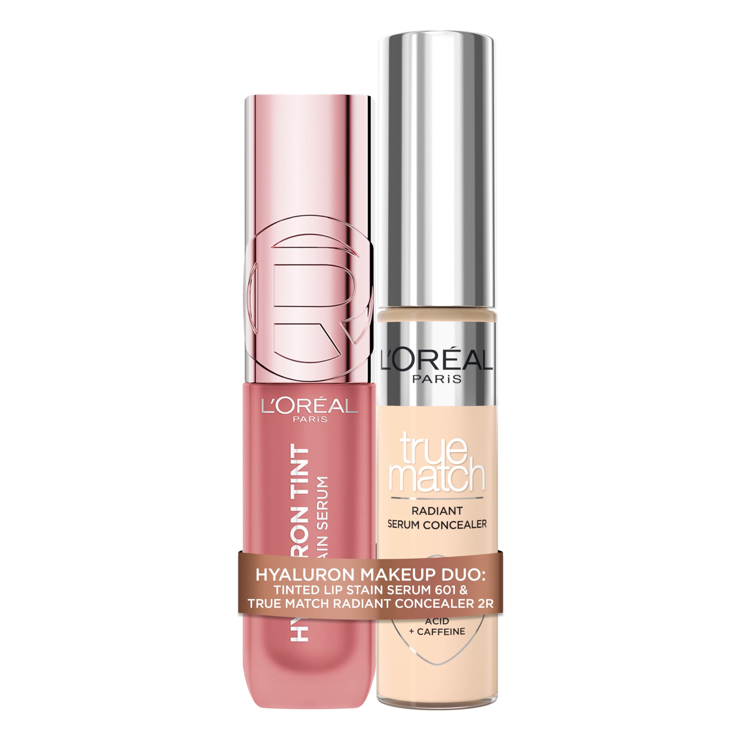 L'ORÉAL PARIS HYALURON MAKEUP DUO: True Match Radiant Serum Concealer (2R) zur Korrektur und Augenpflege & Hyaluron Tint Lip Stain Serum für 12H Hydration & Farbe, Glow & Pflege, Gesicht & Lippen Duo