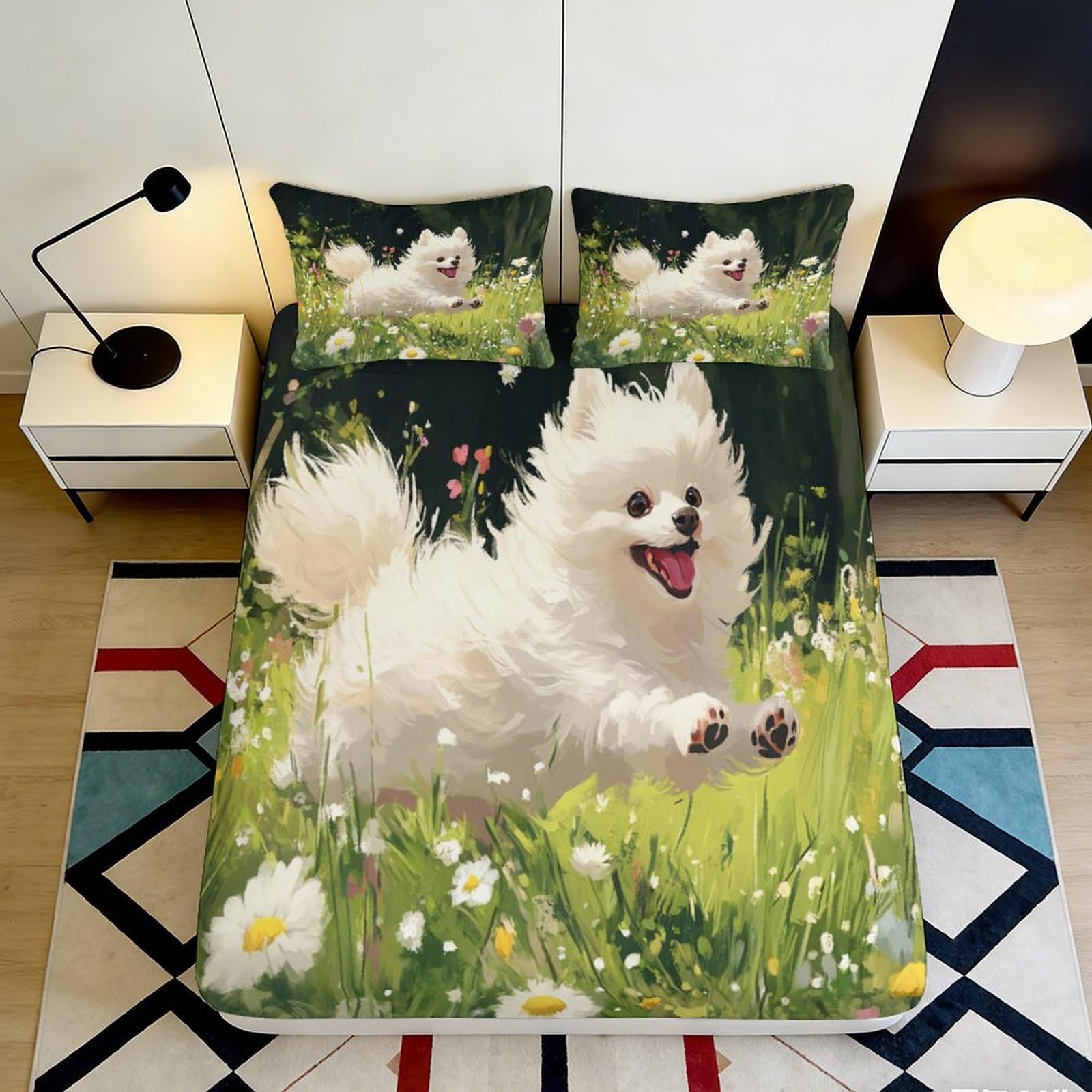 3D Printed White Dog in Meadow Fitted Sheet Microfiber Anti-Slip Spring Flowers Mattress Cover for Bedroom Guest Room 120x200x25cm