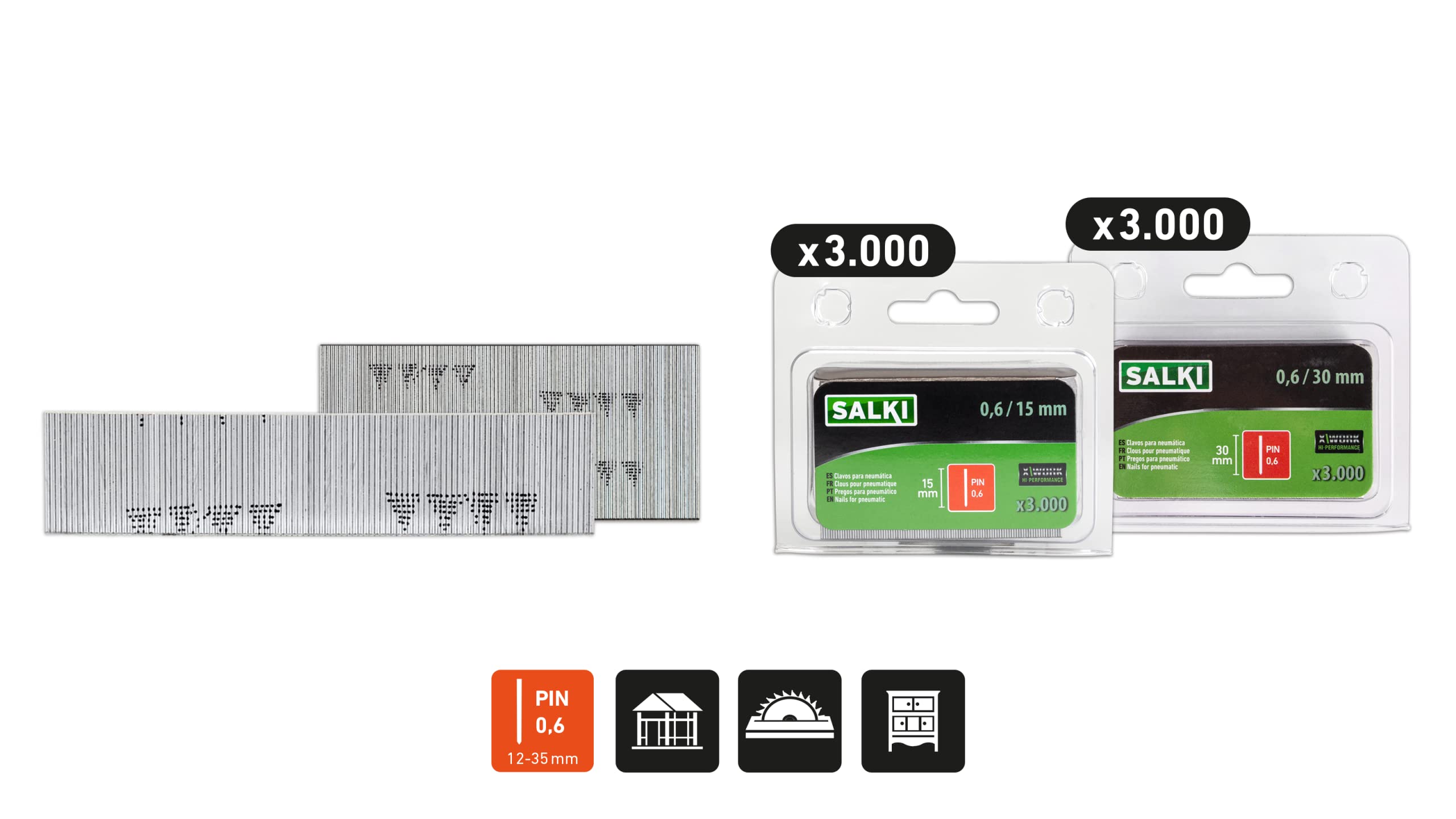 SALKI | Nagelpistolen-Set CSK P06 + SALKI Stifte 0,6 mm | 15 mm & 30 mm | Pneumatische Stiftnagelpistole | Druckluft-Tacker für Holz- und Tischlerarbeiten