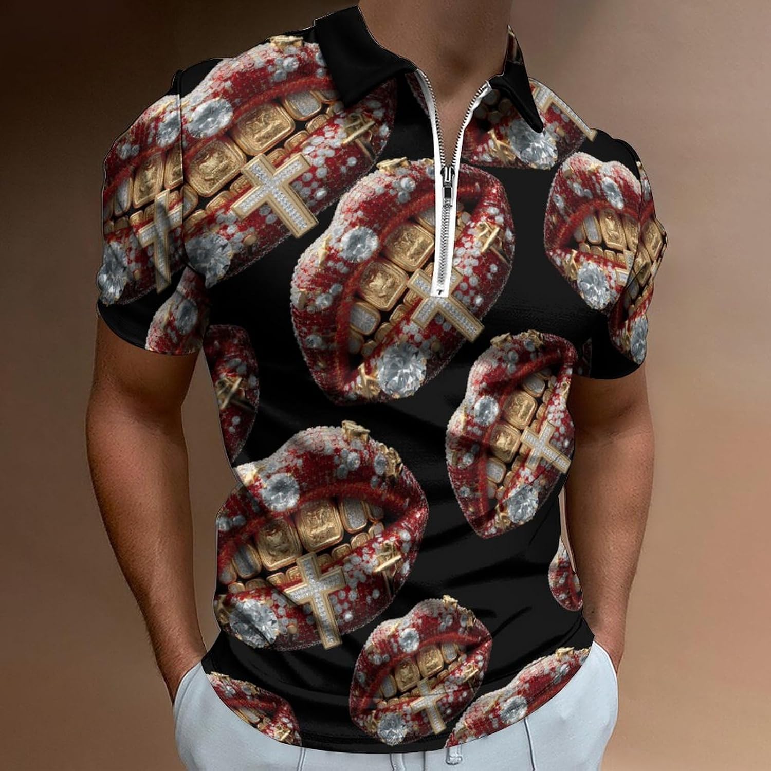 Lip Prints Men's Polo Shirts Golf Short Sleeve Tops | Casual Workout,Golf T-Shirt,Zippered Tee,Collared,Print