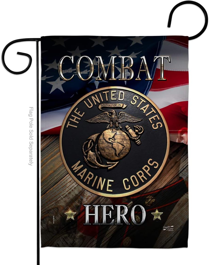 Marine Combat Hero Garden Flag Set with Stand Armed Forces Corps USMC Semper Fi United State American Military Veteran Retire Official Small Gift Yard House Banner Double-Sided Made In USA 13 X 18.5