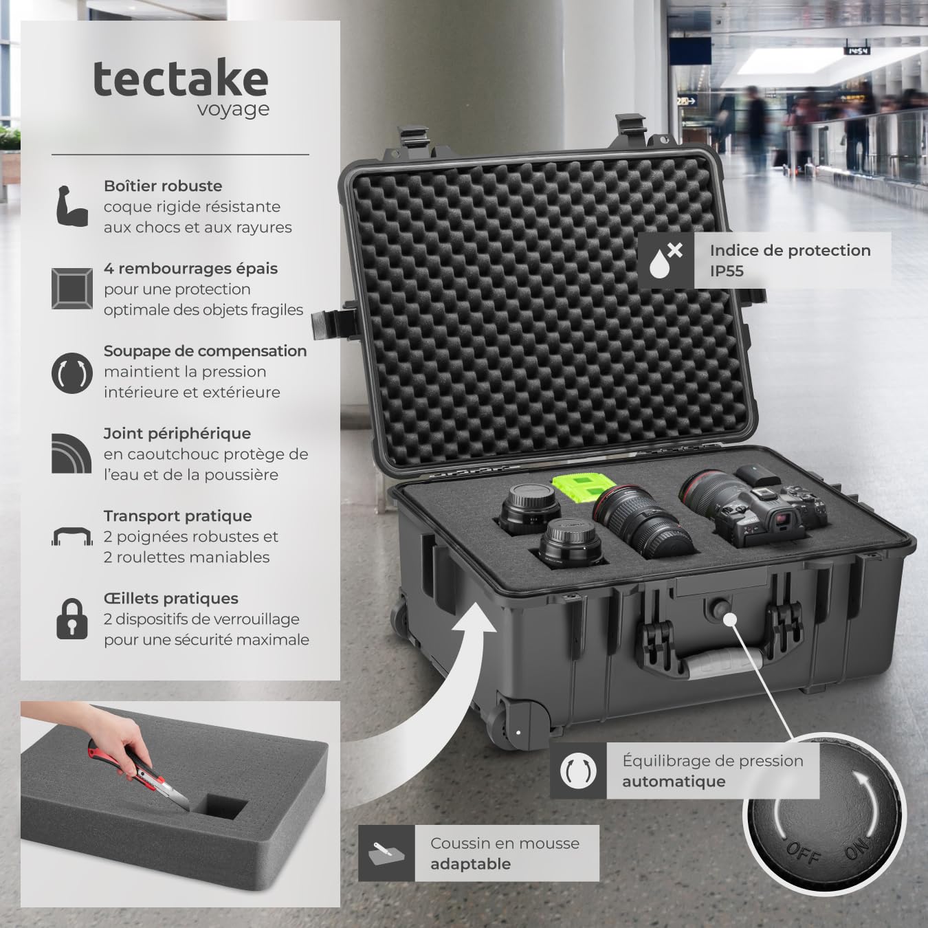 tectake® Valise à roulettes avec Protection en Mousse pour Appareil Photo, caméra & Accessoires ou Outils, Boite étanche, avec œillets pour Cadenas, Résistante aux Chocs, poussière & Eau