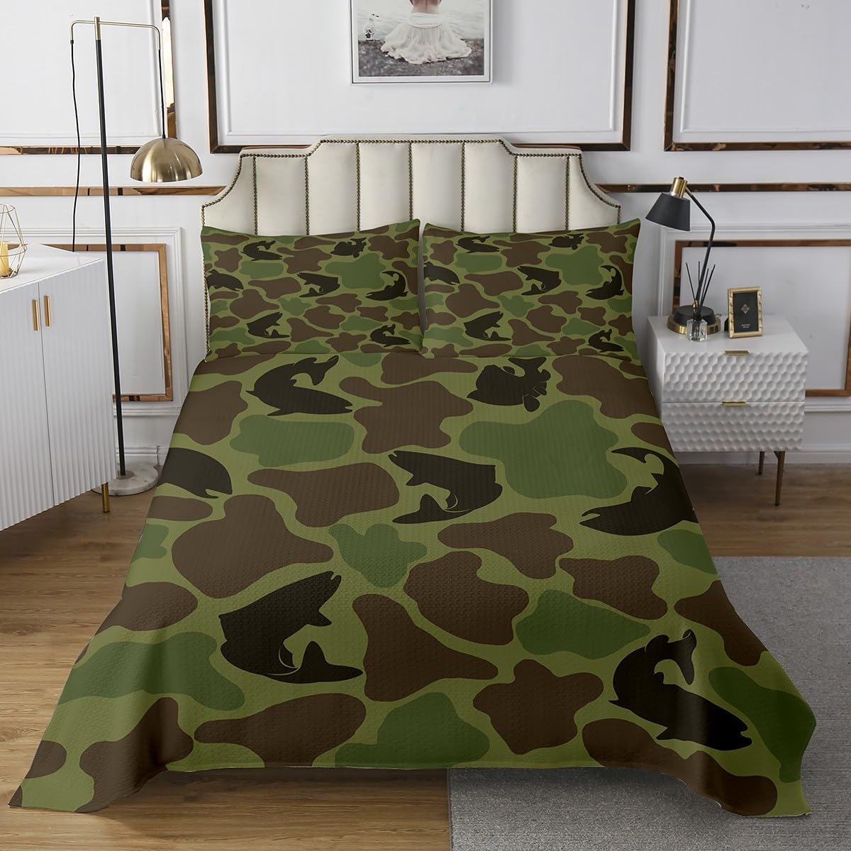 Erosebridal Fish Hunting Quilt Set Queen Army Camouflage Hunter Bedspread Set 3Pcs Rustic Wildlife Bedspread Sets Farmhouse Bass Fish Coverlet Set Vintage Army Green Camping Gifts Decor Bed Set