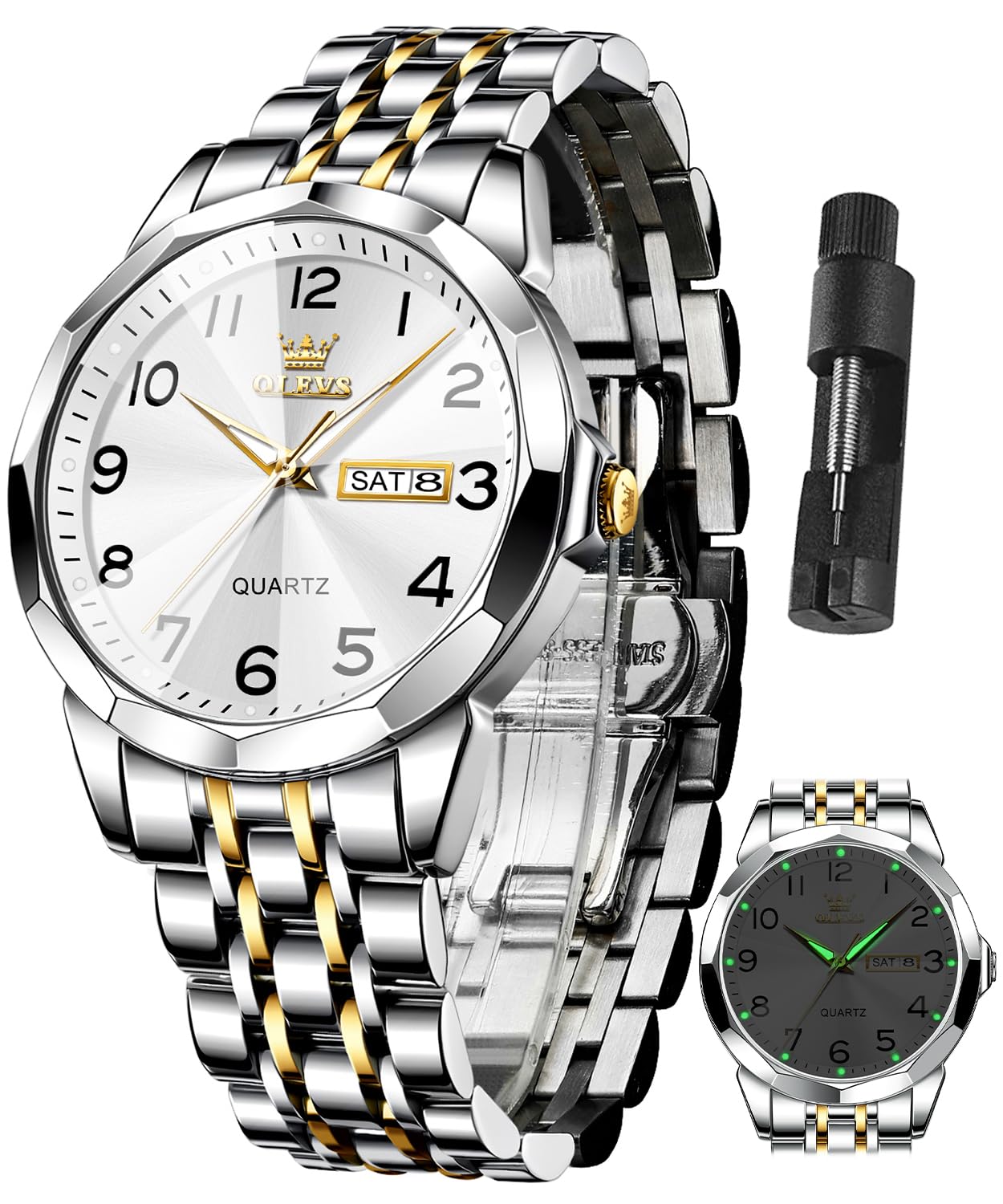 OLEVSMen's Watch Luxury Business Dress Watch UK Diamond Design Quartz Stainless Steel Waterproof Luminous Week Calendar Gift