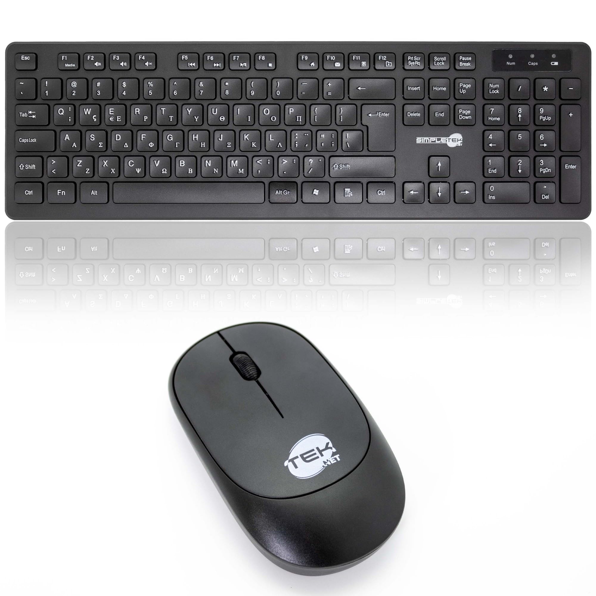 SIMPLETEK - Kit Mouse & Tastiera Wireless 2.4G Layout GR Greco | Greek Keyboard QWERTY con Tastierino Numerico Mouse Ergonomico 3 Tasti Ricevitore USB