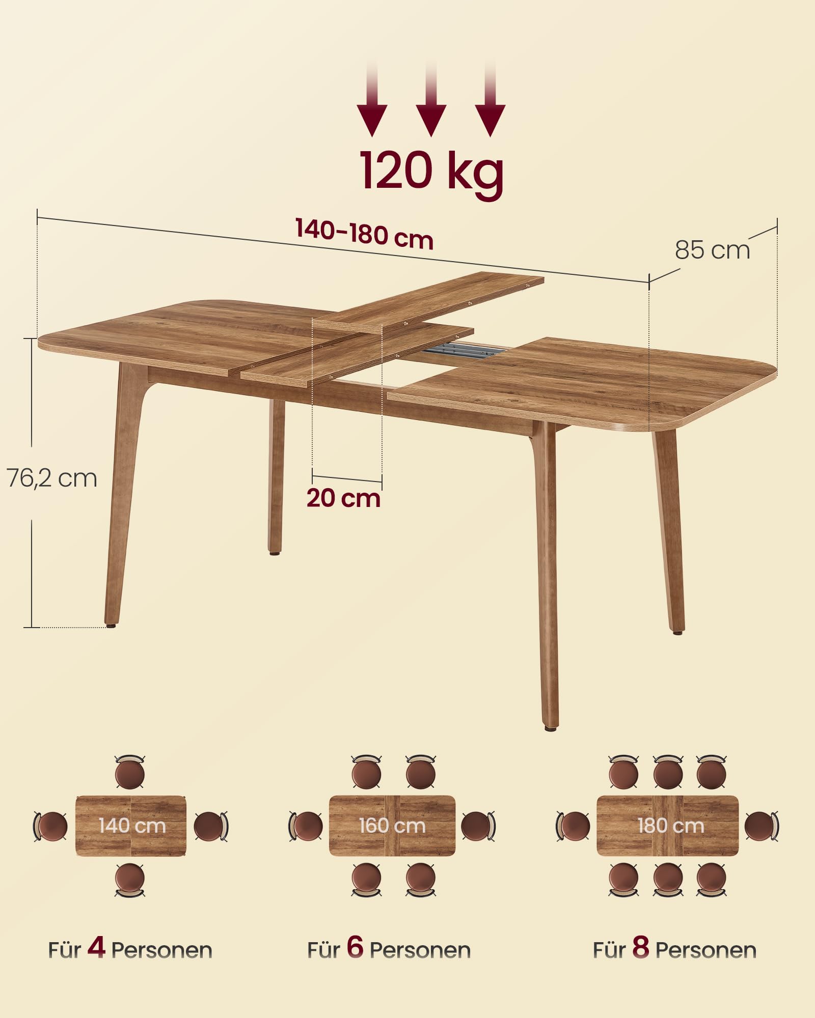 VASAGLE Esstisch, Esszimmertisch, Küchentisch, ausziehbare Tischplatte, 120 kg belastbar, für Esszimmer, Büro, Arbeitszimmer, Schlichtes Design, honigbraun KDT090K01