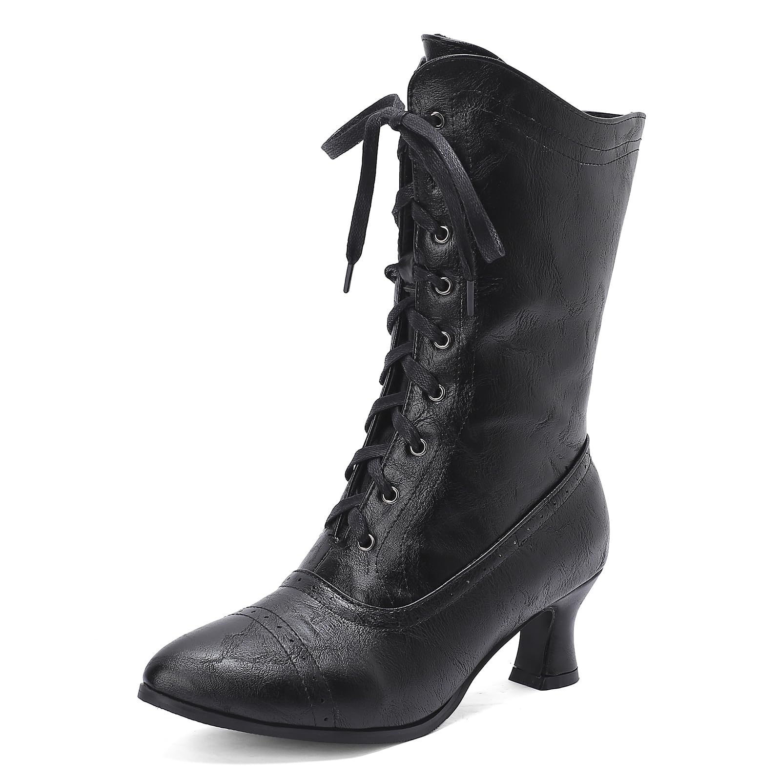 Womens Victorian Boots Aged Vintage Granny Boots Lace Up Side Zip Faux Leather Mid Calf Boots for Dark