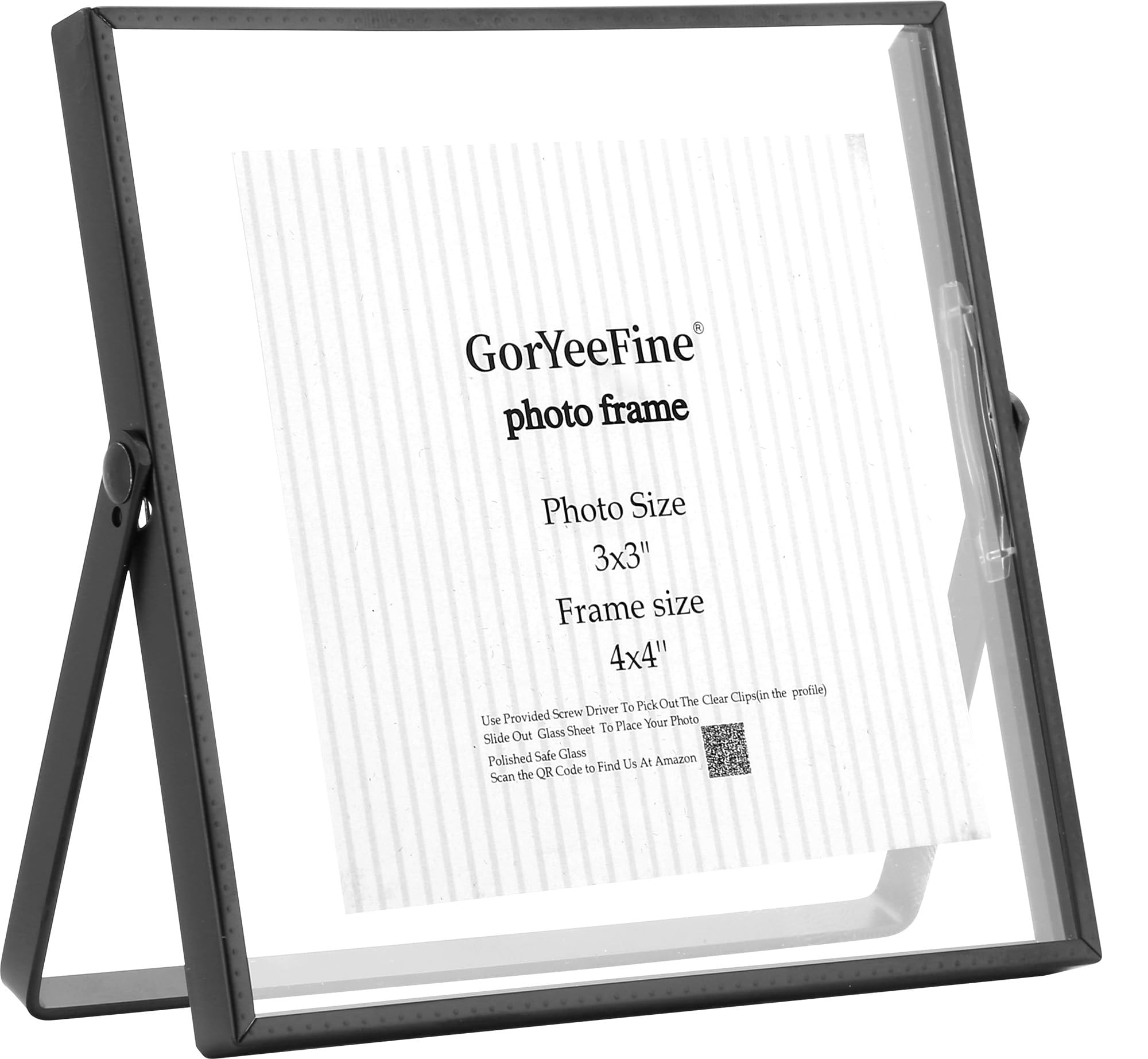 Black 4x4'' Floating Picture Frame,for Photo Sizes(3x3'' or 4x4''),Beautiful Metal Beaded Edge Frames Adjustable Tabletop/Shelf Photo Frame,Classy Gift Choice for Wedding,Birthday or Christmas Gift — image 1