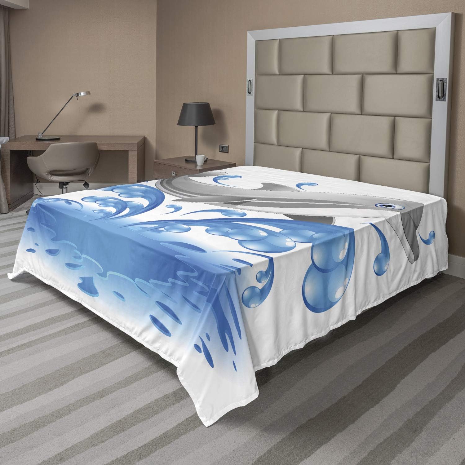 Ambesonne Sea Animals Flat Sheet, Jumping Dolphin Animal Character Cartoon Style Water Splash Summer, Soft Comfortable Top Sheet Decorative Bedding 1 Piece, Full Size, Blue Grey