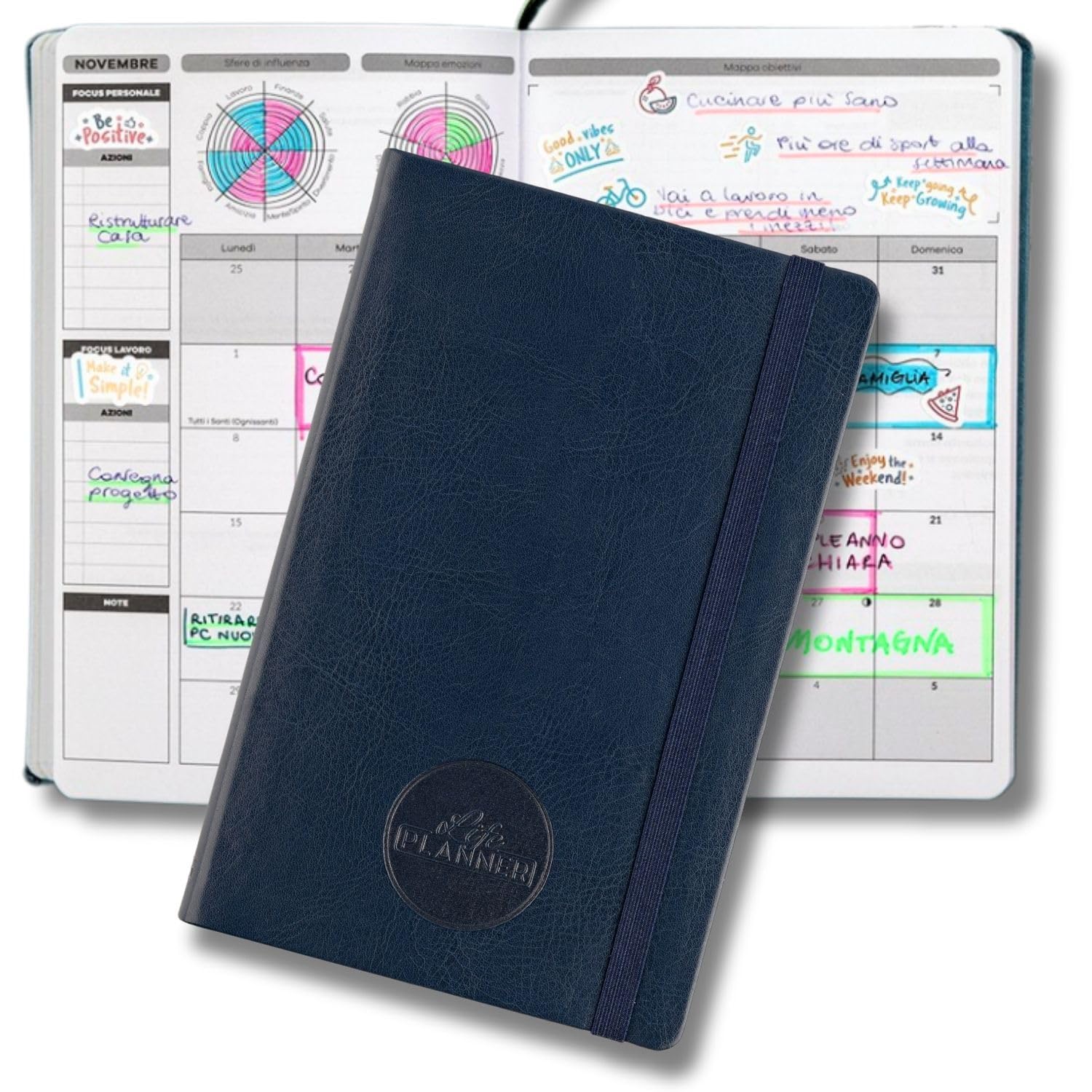 Life Planner Motivational Planner Made in Italy | 12 Month Planner | January to December 2025 | Weekly and Monthly Planner | Spaces Dedicated to Thoughts and Reflections (Navy Blue, Small)