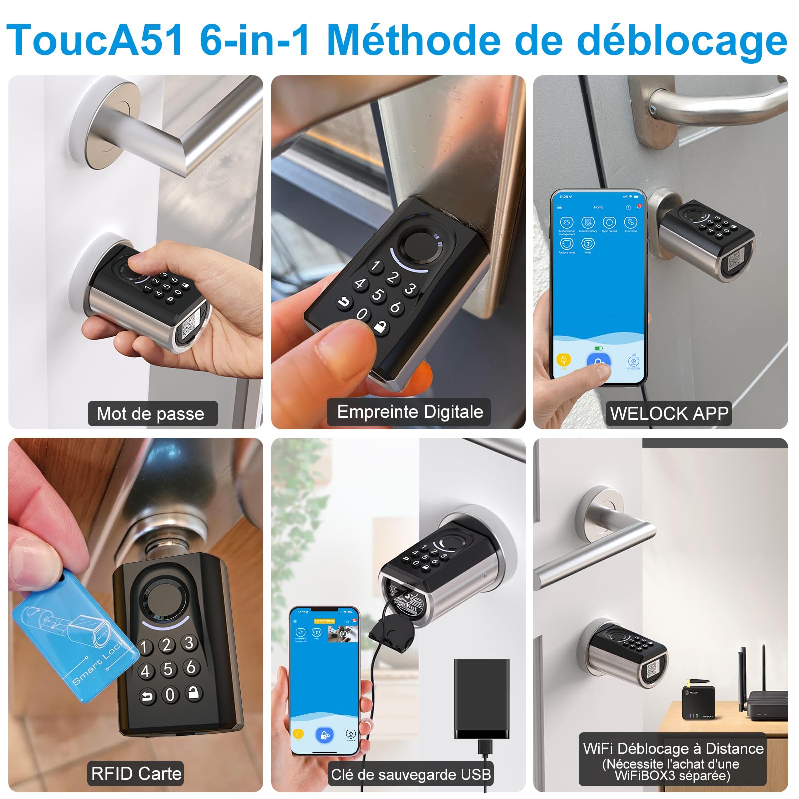 WELOCK ToucA51 Serrure Connectée serrure Empreinte Digitale avec Password,Carte RFID,APP et WiFi,Cylindre Connecté 30×30 pour portes de 30-70mm,Smart Lock IP65,Serrure a Code Installation Facile