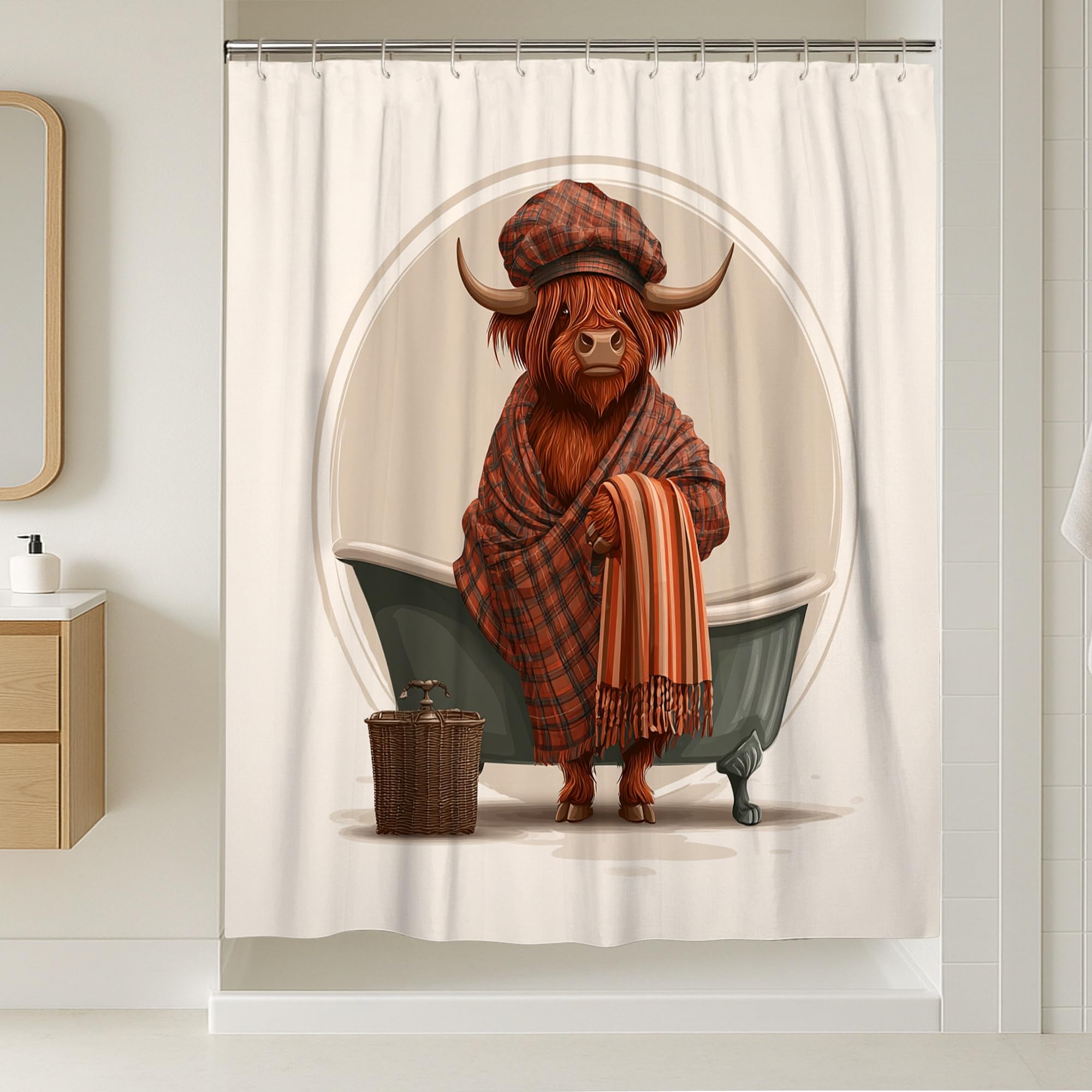 Rideau de douche vache des Highlands en tissu lavable extra long 183x243 cm équipé de crochets
