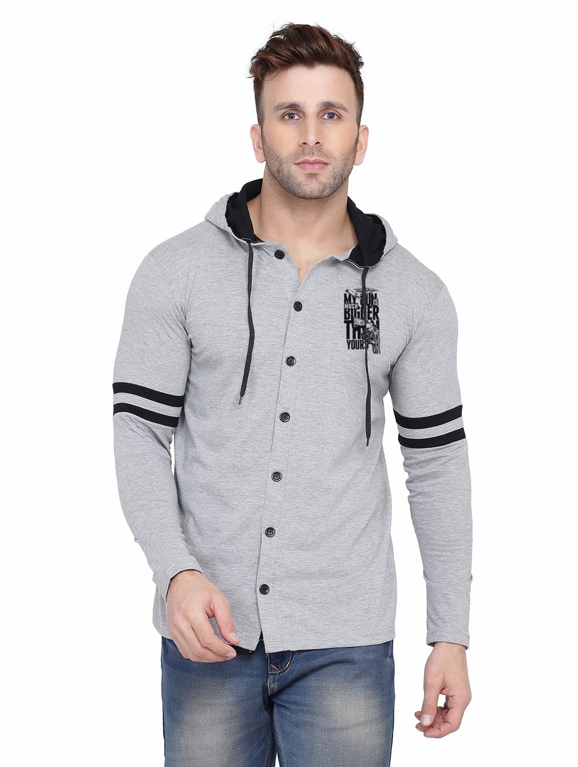 tfurnish Men's Full Sleeve Hooded T-Shirt with Button Closure & Contrast Striped Sleeves | Stylish Cotton Blend Hoodie for Casual & Sportswear-picture-10