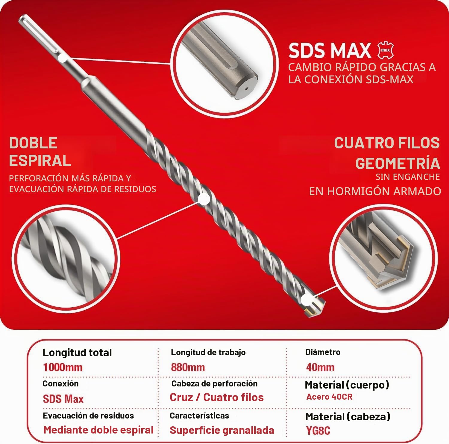 SCHWABENBACH ® Broca SDS Max 40mm x 880 x 1000 - Broca para hormigón - Perforación precisa y rápida en hormigón - con punta de metal duro - Broca larga para mampostería