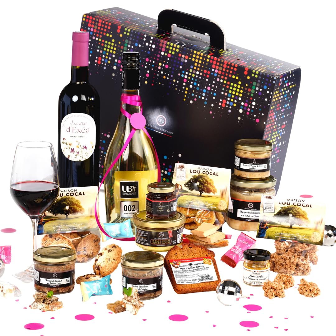 Cellier du Périgord Panier Gourmand Colis Uby et Exea - Vin | Foie gras de canard 120g, confit d'oignons, pain d'épices et vins Domaine Uby et Domaine Exea du Sud-Ouest en valisette