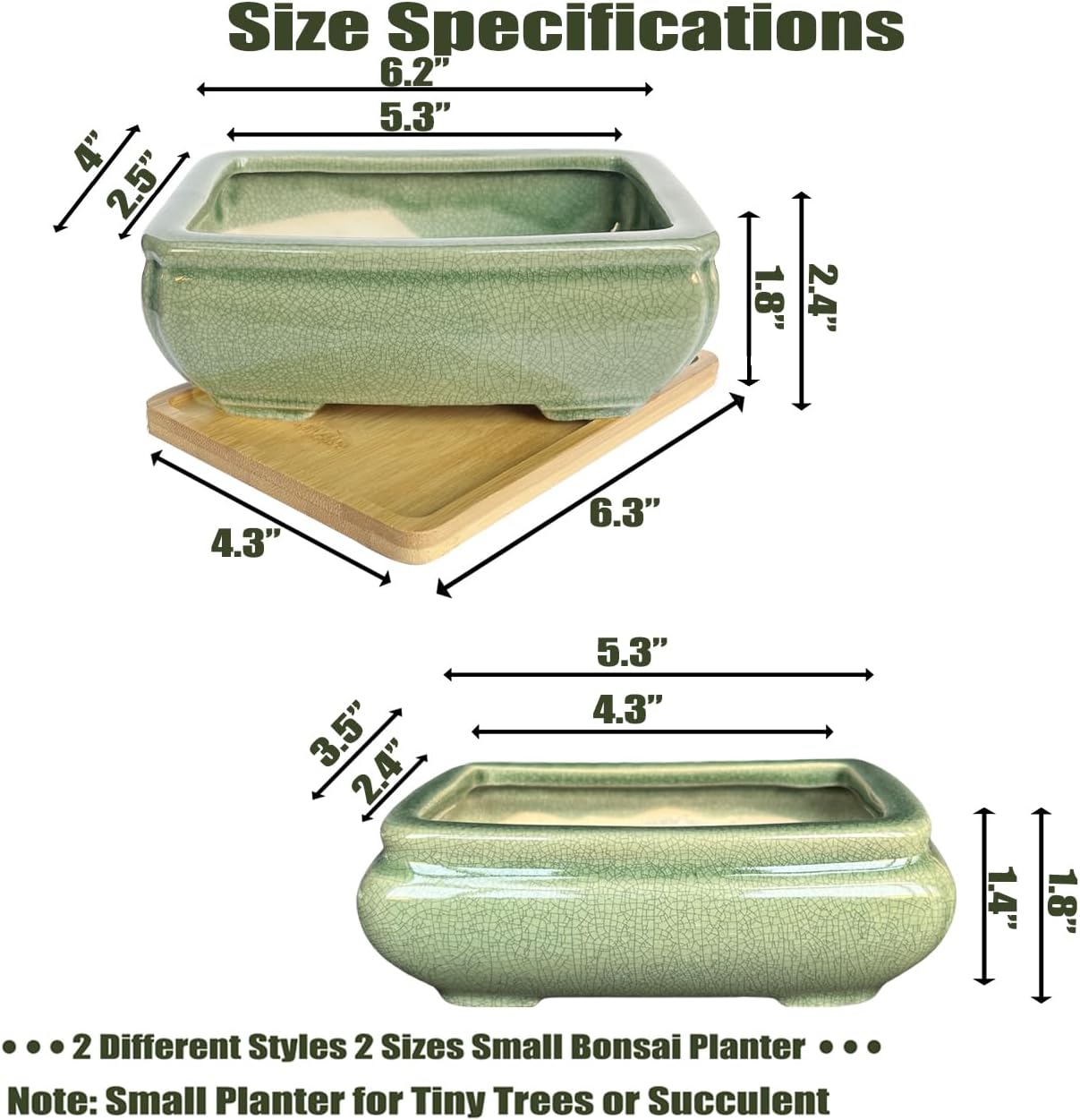 MUZHI 2pcs Green Ceramic Bonsai Planter Pots with Bamboo Tray 6.2 “ & 5.3”, Rectangular Glazed Bonsai & Succulent Cactus Starter Pot with Drainage Ice Crack Design