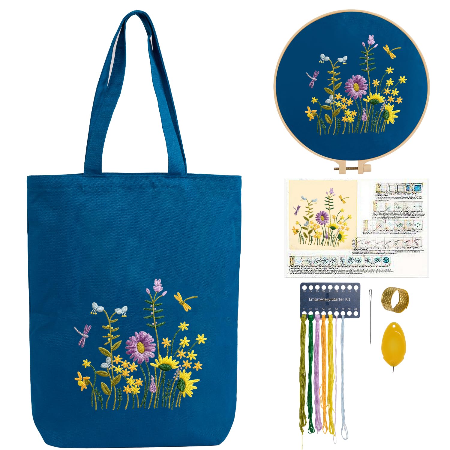 CREAWONDER Hand Embroidery Kits for Bag, Embroidery Kit Bag with Pattern for Beginners, Arts and DIY Embroidery Crafts Kits for Adults, Include Instructions, Embroidery Hoops, Color Threads and Tool