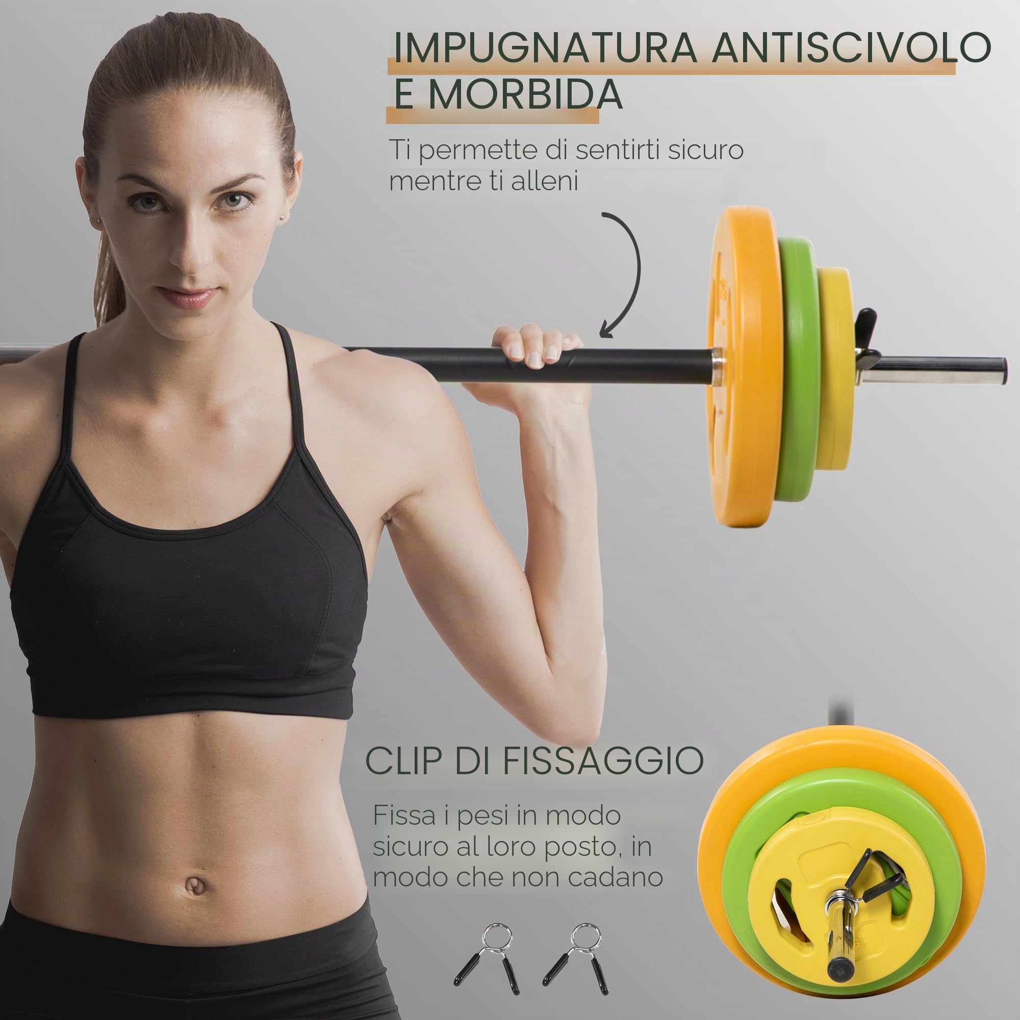 HOMCOM Set di Bilanciere e Dischi da 20 kg totali con 6 Pesi e 2 Clip di Fissaggio, Bilanciere Palestra Regolabile Antiscivolo in Metallo, PU e Sabbia, Barra Ø25 mm, 130x28x28 cm, Multicolore