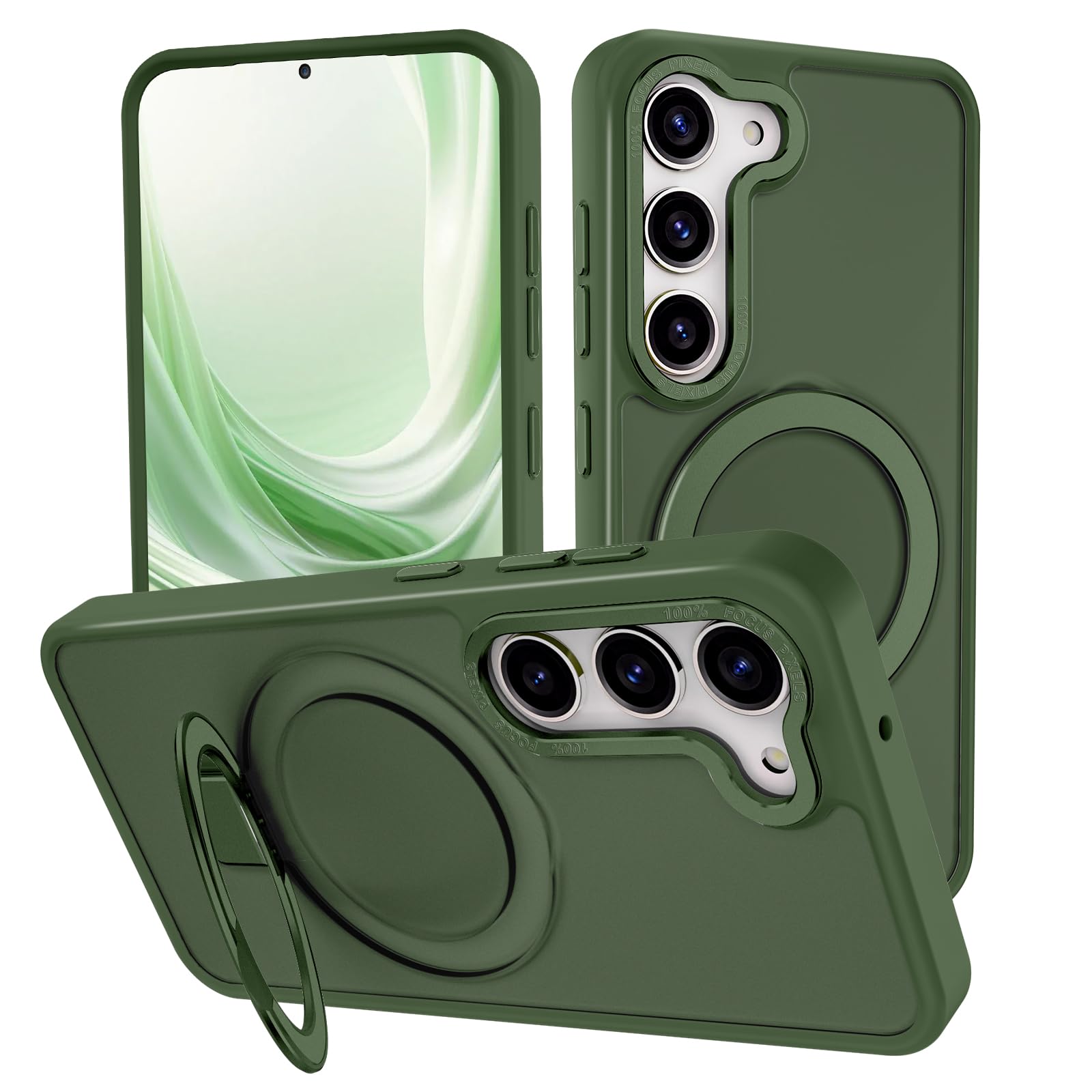 STERKER Magnetic Ring Stand for Samsung Galaxy S23 Case [Military Grade Drop Protection][Compatible with Magnetic] with Kickstand, Matte Translucent Slim Case for S23, Green