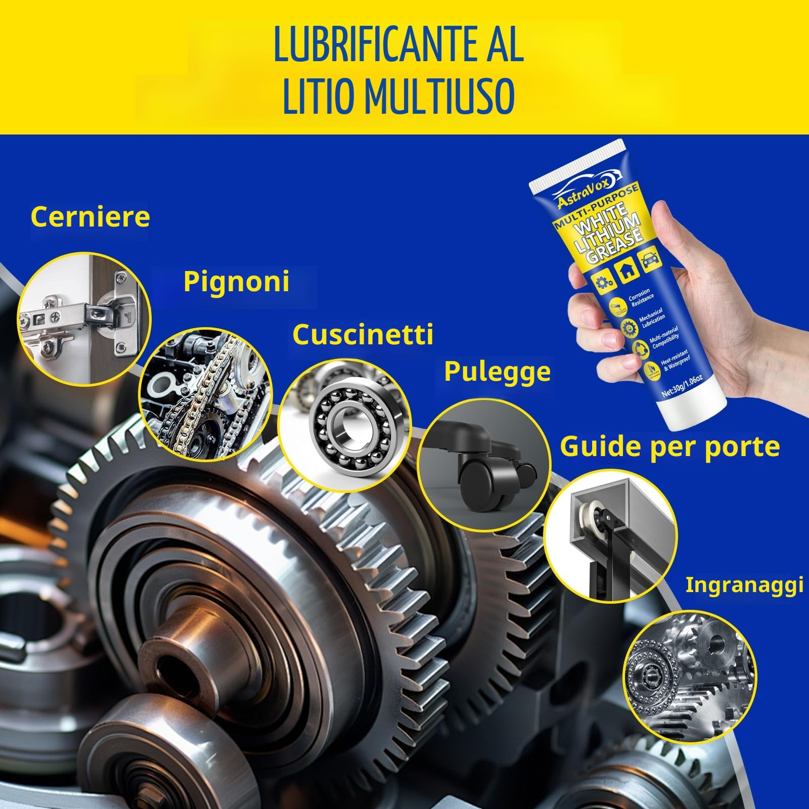 AstraVox Grasso al litio bianco, lubrificante multiuso con pennello per cerniere, cuscinetti, ingranaggi, ideale per uso automobilistico, nautico, industriale e domestico (1.06oz) (1)