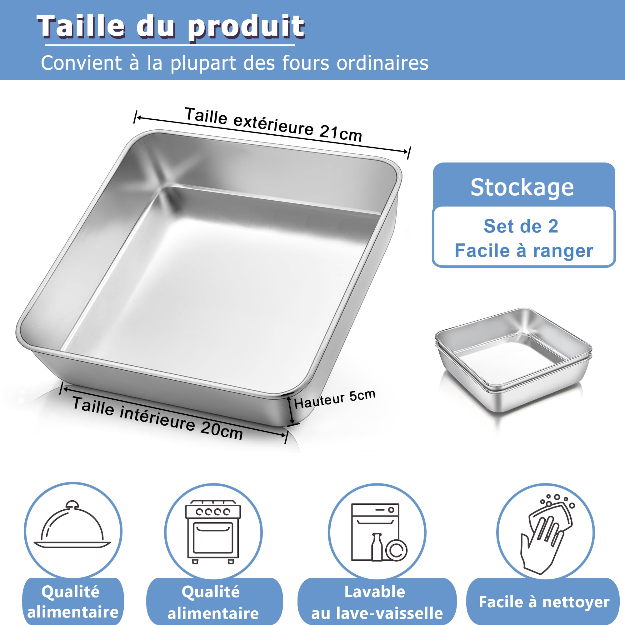 Herogo Lot de 2 moules à gâteau carrés, en acier inoxydable, 21 x 21 x 5 cm, durables, parfaits pour brownie/lasagnes/gâteaux, faciles à nettoyer et passent au lave-vaisselle