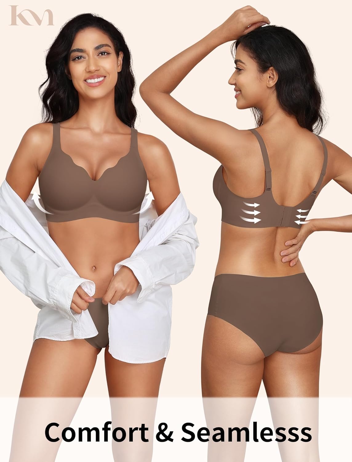 Women's Scalloped Wireless Bra Seamless Push Up No Underwire with Removable Padding - Soft Comfort Bralette for Small Breasted Tshirt Invisible Everyday Wear - Coffee S - Image 2