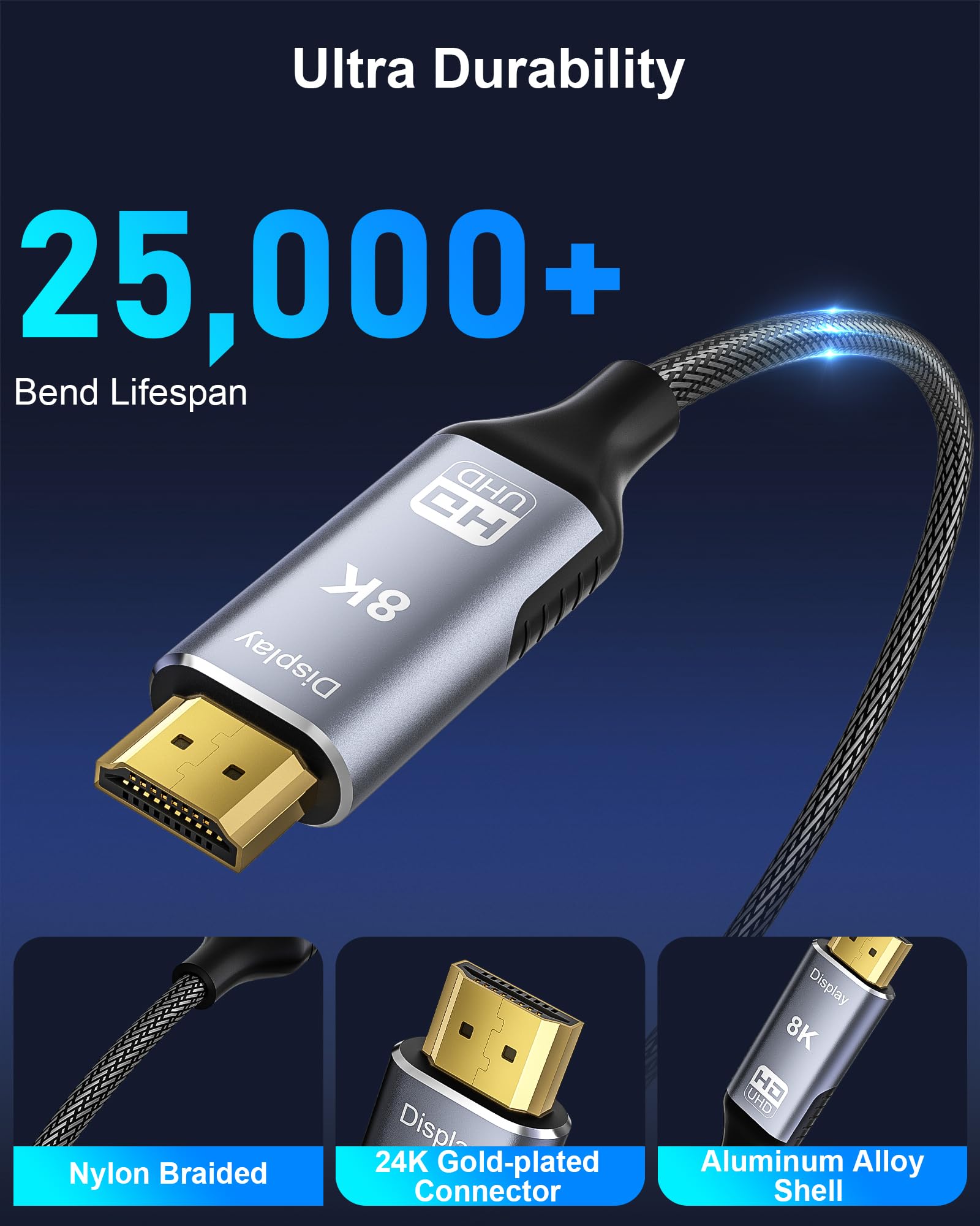 Cable DisplayPort a HDMI 2.1 8K de 6.6 pies - 8K a 60Hz 4K a 240Hz 2K a 240Hz, cable trenzado unidireccional DP a HDMI compatible con PC, Dell, HP, AMD, Lenovo, monitor, proyector