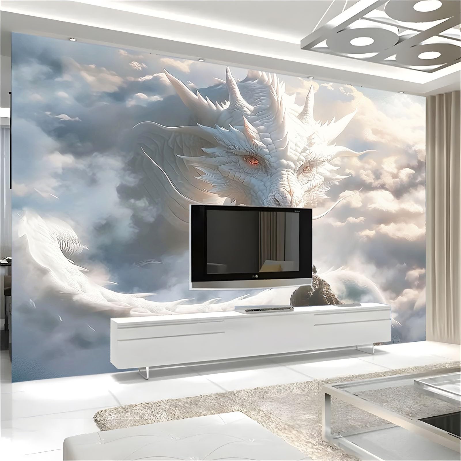 Cartoon-Stil Fototapete 3D Effekt Bergweißer Drache Fototapeten Wandbild Motivtapeten Vlies-Tapeten Moderne Wandtapete Wand Schlafzimmer Wohnzimmer Dekoration B350 x H256 cm
