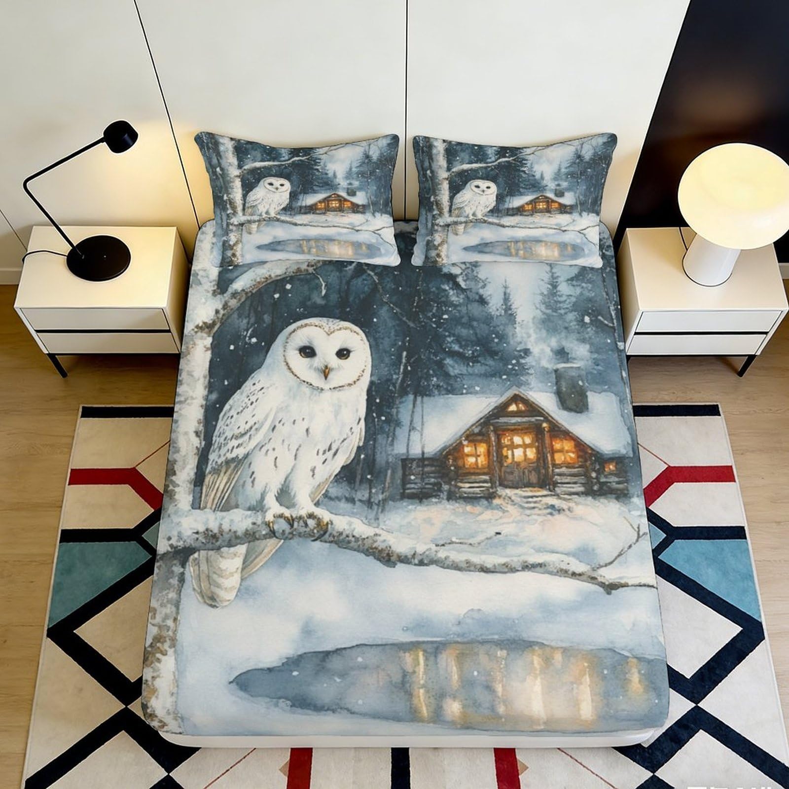 3D Printed Snowy Owl Fitted Sheet Microfiber Soft Breathable Winter Cabin Bed Cover for Bedroom Dormitory Guest Room Mattress Protection Decor 180x200x25cm