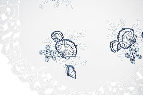 Miniatura 6 de Linens, Art and Things Mantel redondo bordado de playa con conchas azules sobre blanco, mantel pequeño (33 pulgadas redondo)