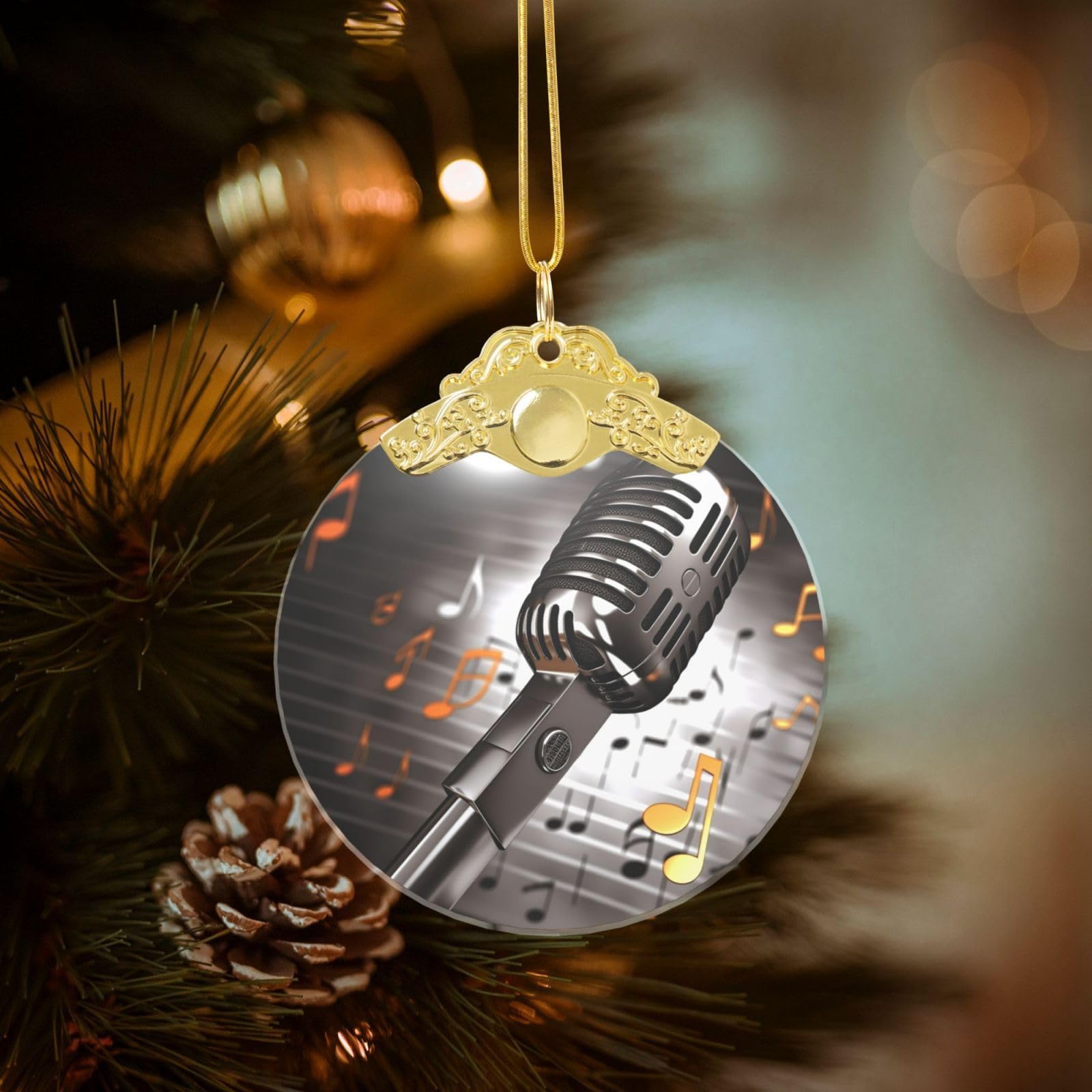 Microphone with Music Notes Christmas Ornament 2025, Round Glass Xmas Hanging Pendant for Xmas Tree Decoration,Cute Holiday Hanging Decorations Keepsake for New Year Family Party Wedding Decor